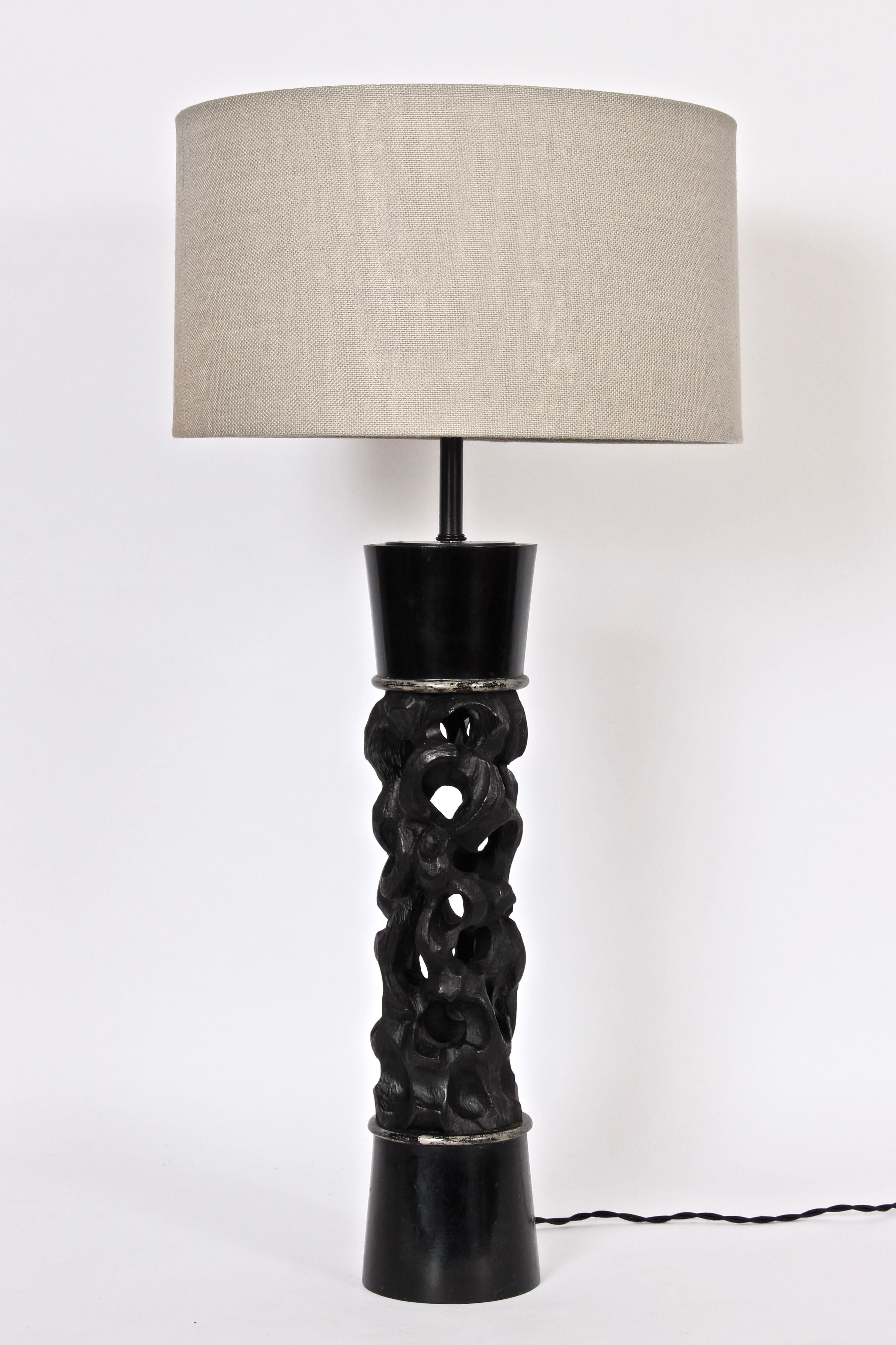 20th Century Substantial James Mont Pierced Column Ebonized Wood Table Lamp, C. 1950 For Sale