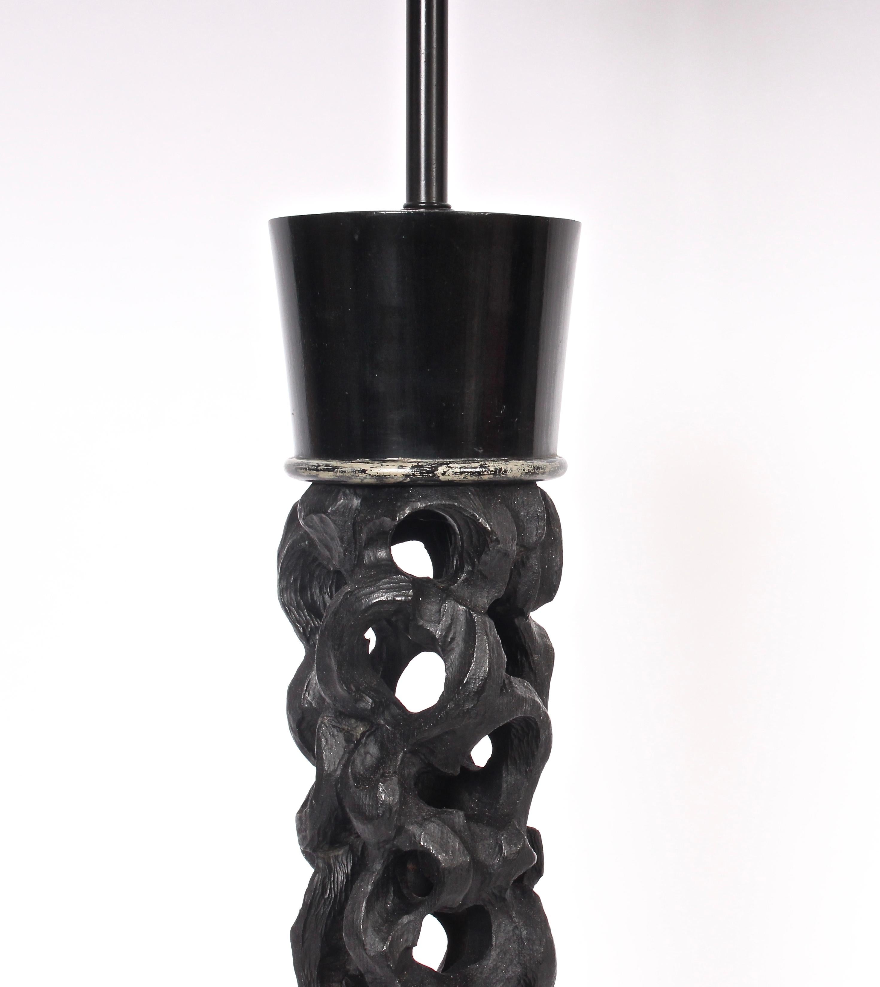 Substantial James Mont Carved Ebonized Wood Table Lamp, C. 1950 For Sale 2