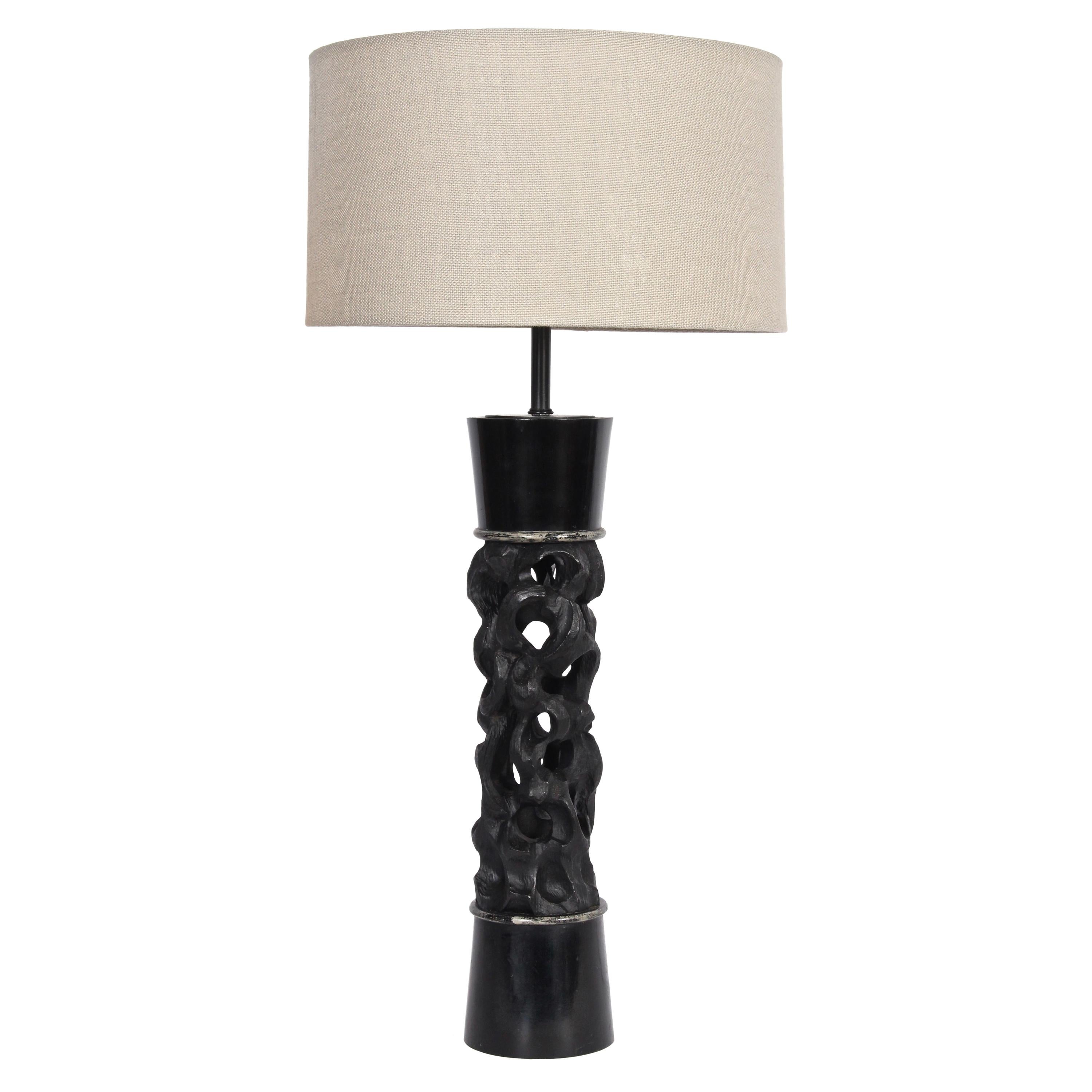 Substantial James Mont Carved Ebonized Wood Table Lamp, C. 1950 For Sale