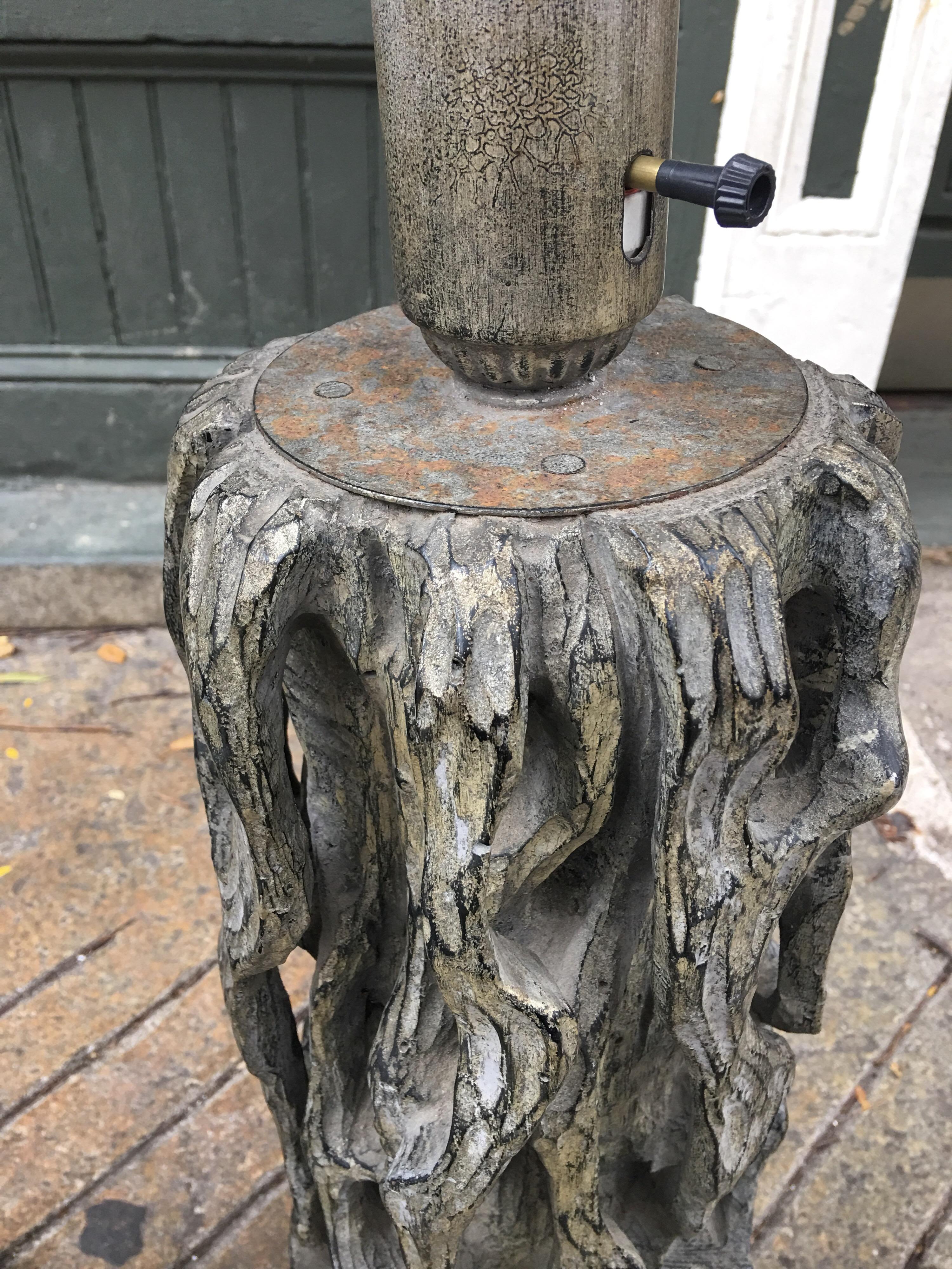 American James Mont Monumental Carved Tree Trunk Lamps