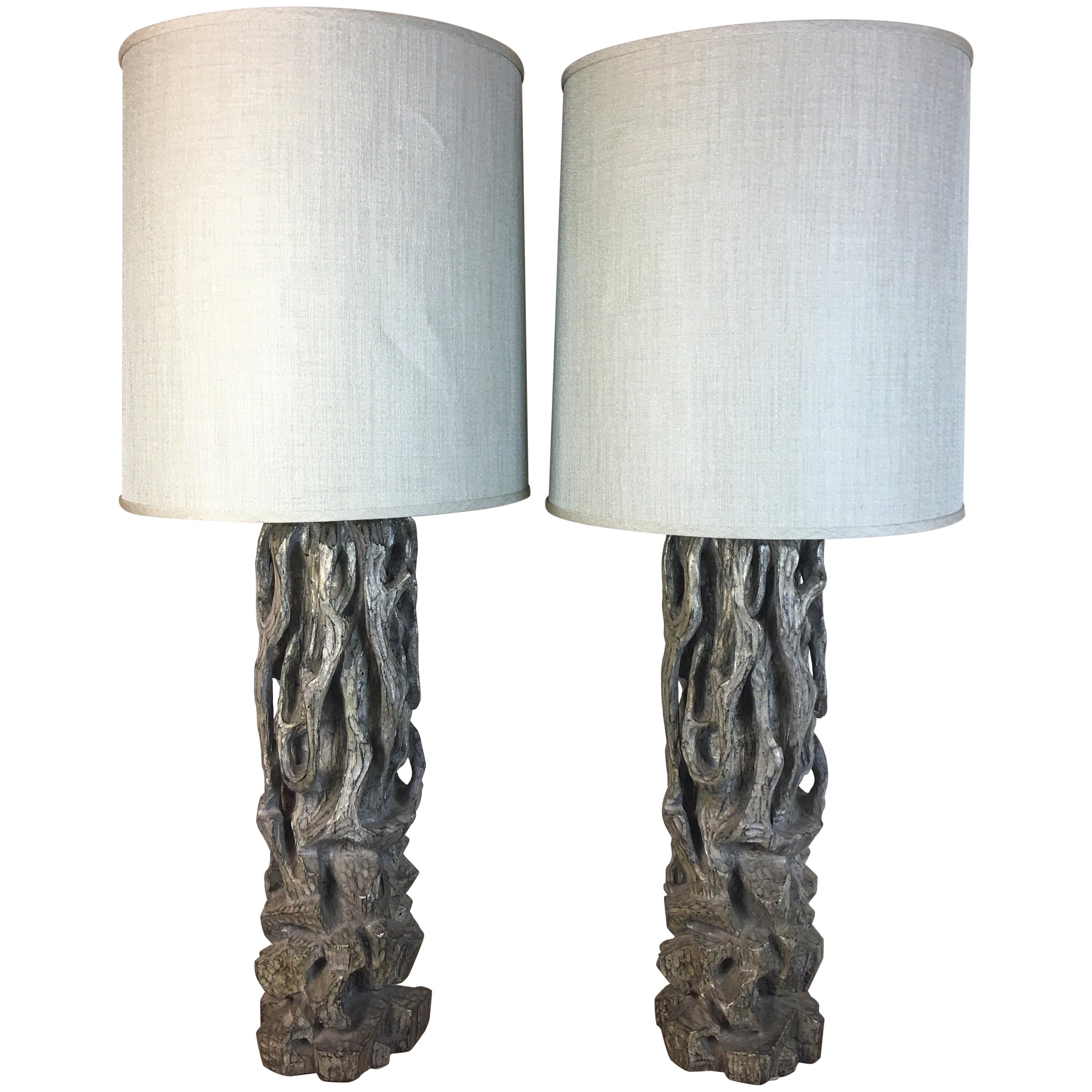 James Mont Monumental Carved Tree Trunk Lamps