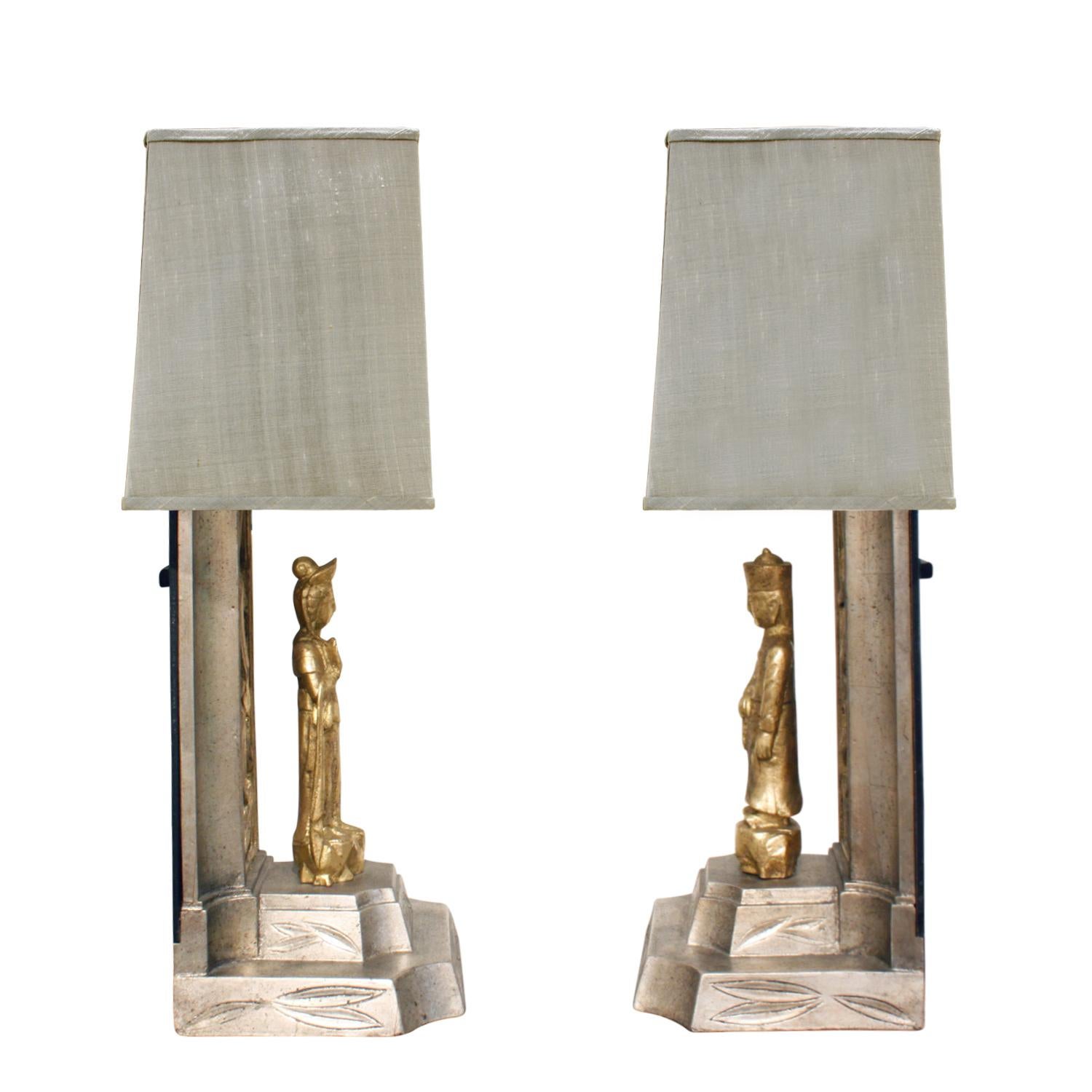 American James Mont Pair of Hand Carved Figural Table Lamps 1950s For Sale