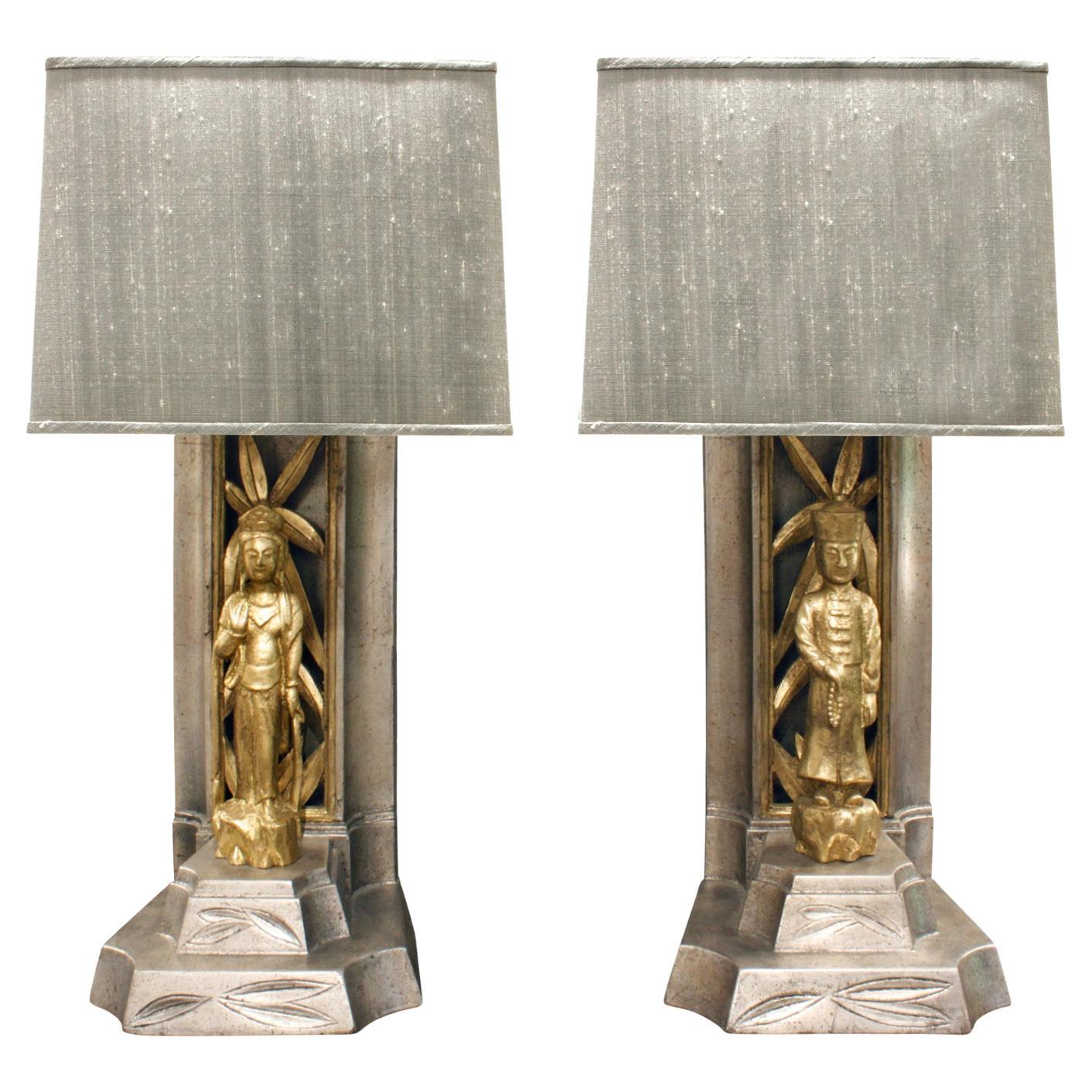 James Mont Pair of Hand Carved Figural Table Lamps 1950s