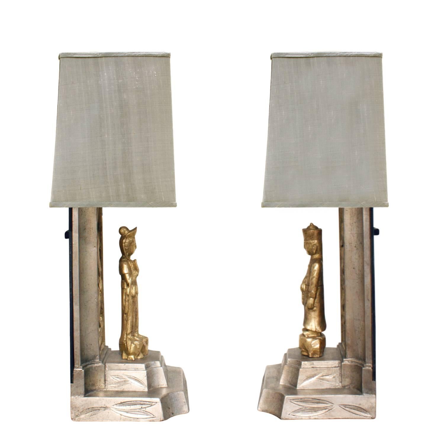 Mid-Century Modern James Mont Pair of Hand-Carved Table Lamps, 1950s