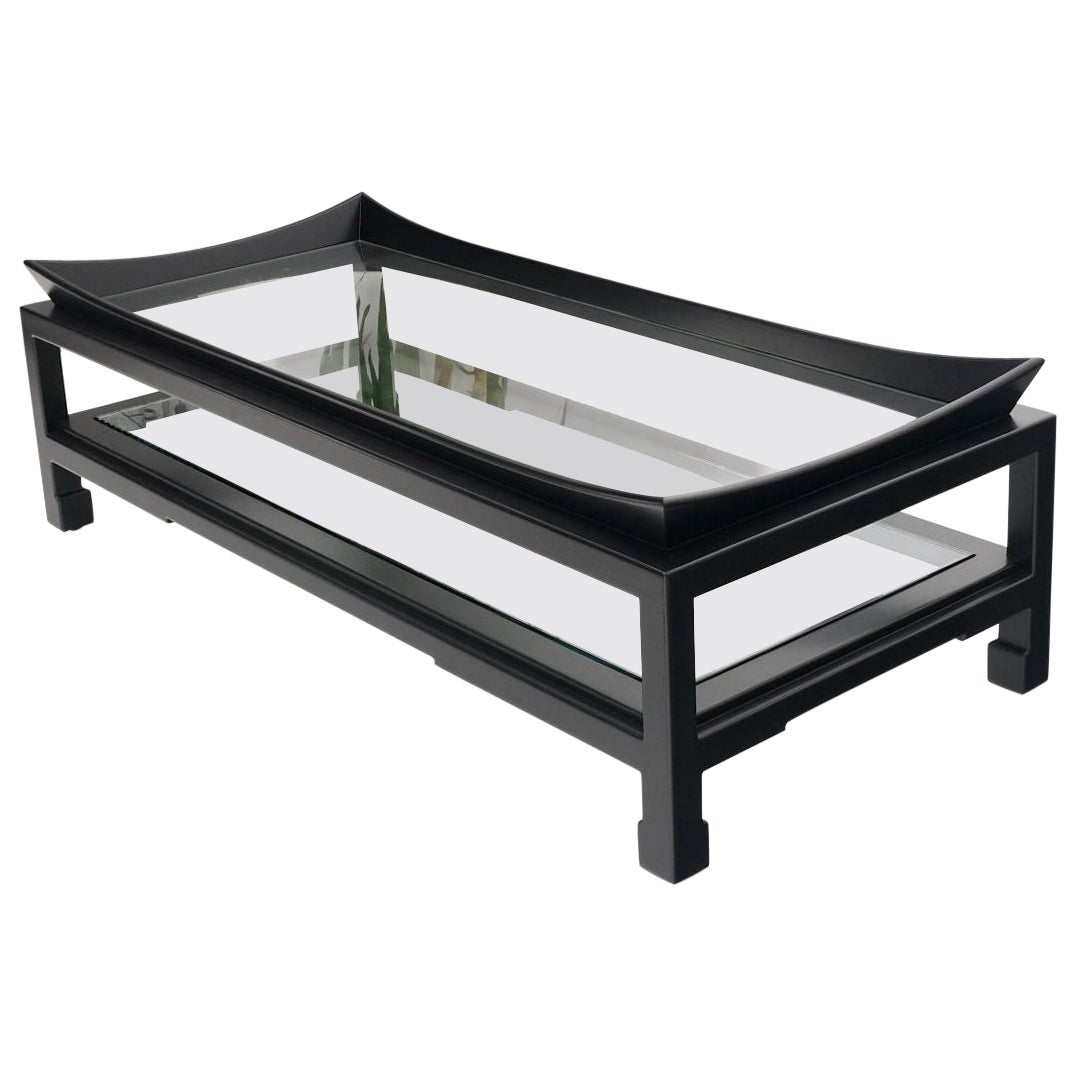 Mesa de centro James Mont rectangular lacada en negro con tapa de cristal Deco Mid Century