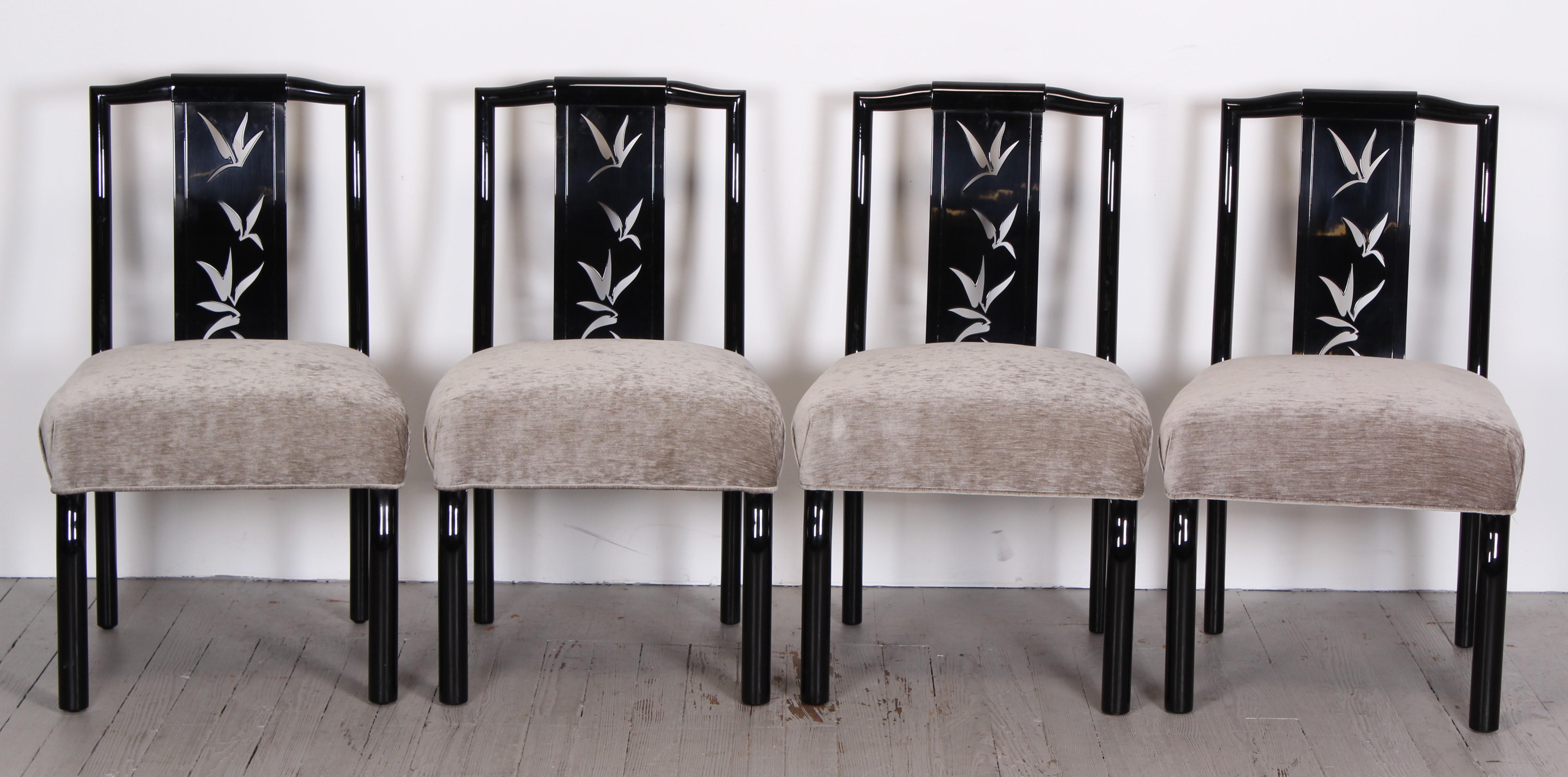James Mont is a highly regarded designer. His bold designs stand out in a field of 'restrained modernism'. This set models an exotic motif influenced from his childhood in Istanbul. The eight chairs have newly tied springs, new 2 inch foam, and