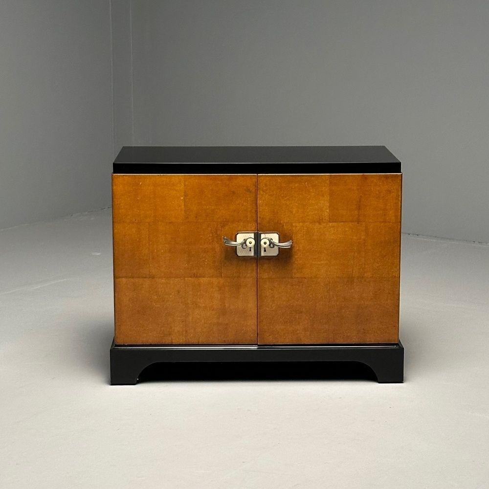 Mid-Century Modern James Mont Style, Art Deco, Cabinet, Black Lacquer, Parquetry, France, 1930s For Sale