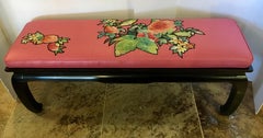 James Mont Style Asian Black Lacquered Bench with Silk Appliqué