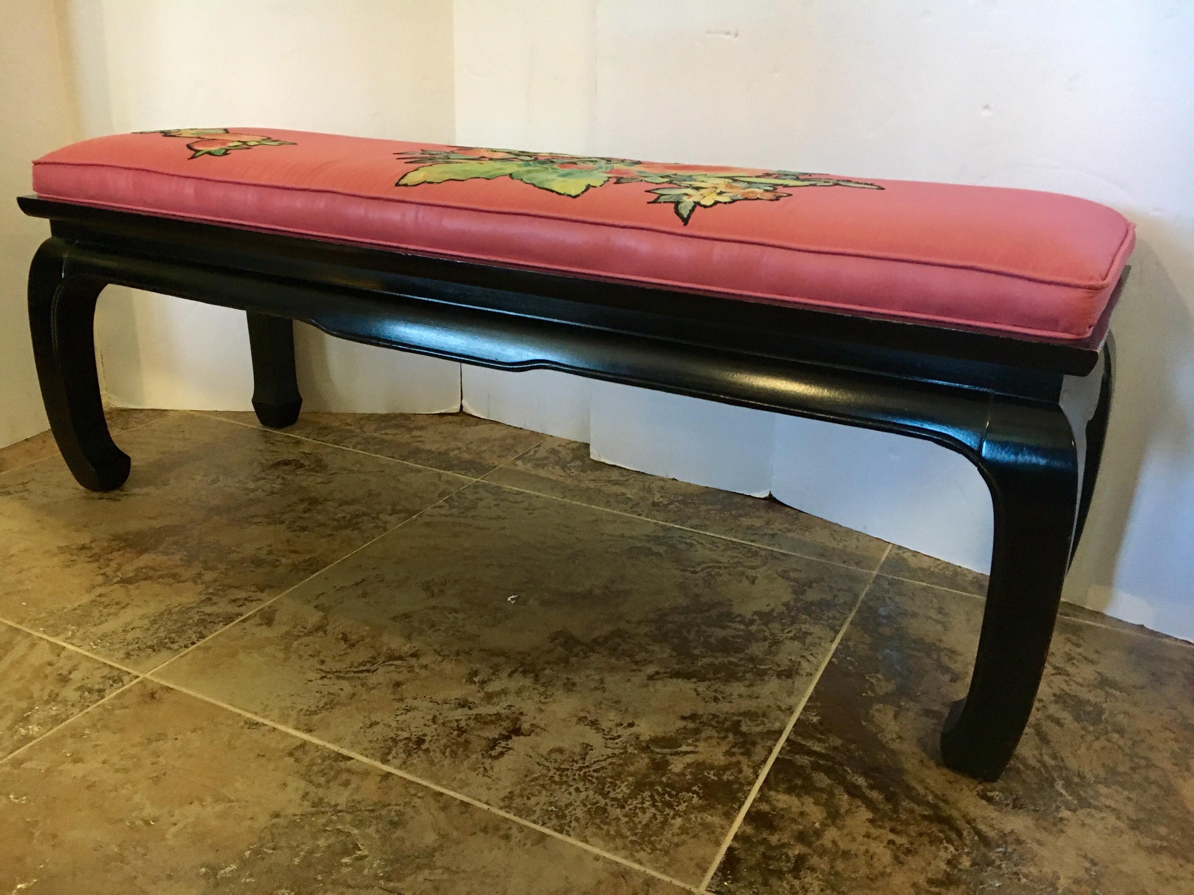 James Mont Style Asian Black Lacquered Bench with Silk Appliqué  In Excellent Condition In West Hartford, CT