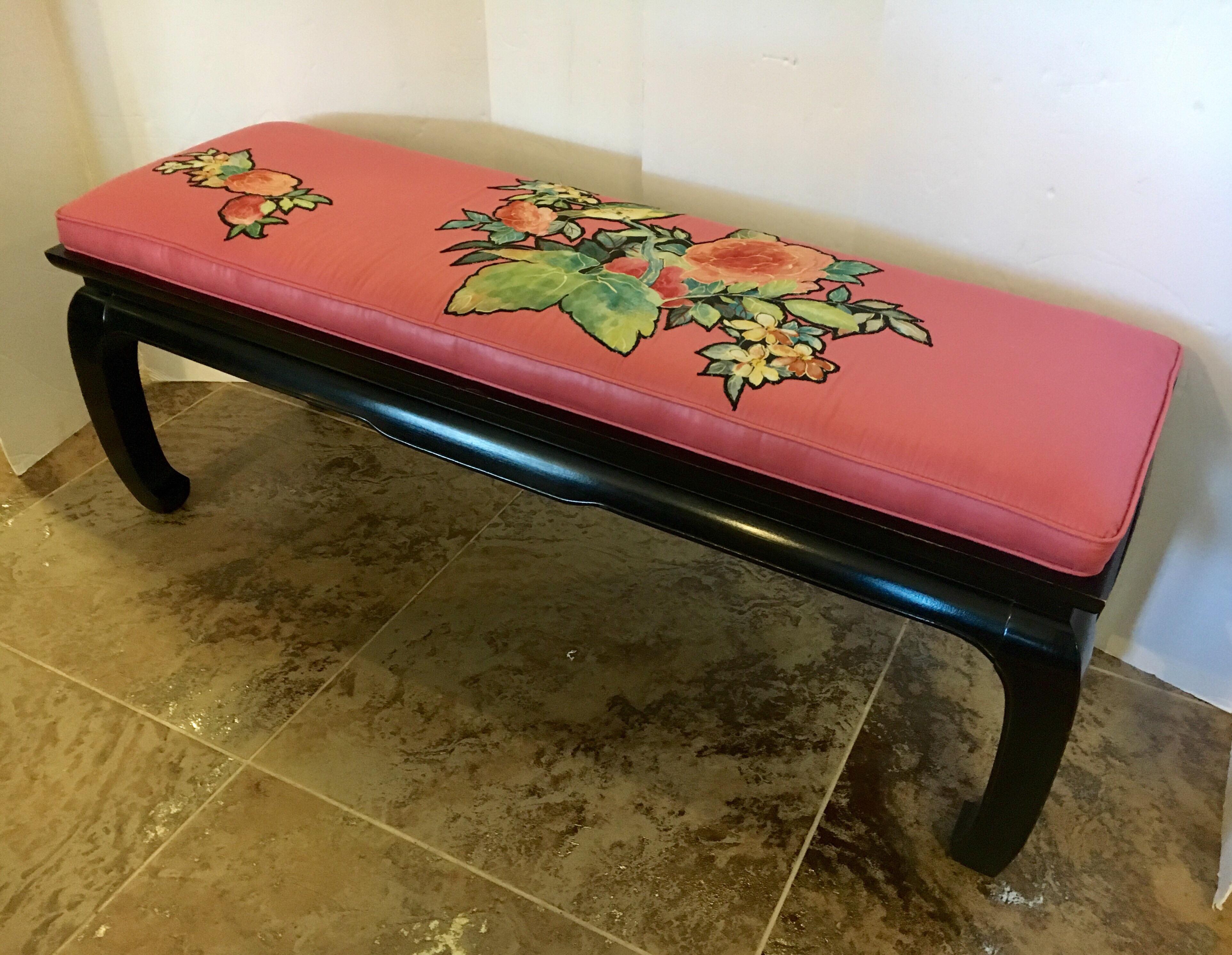 James Mont Style Asian Black Lacquered Bench with Silk Appliqué  1