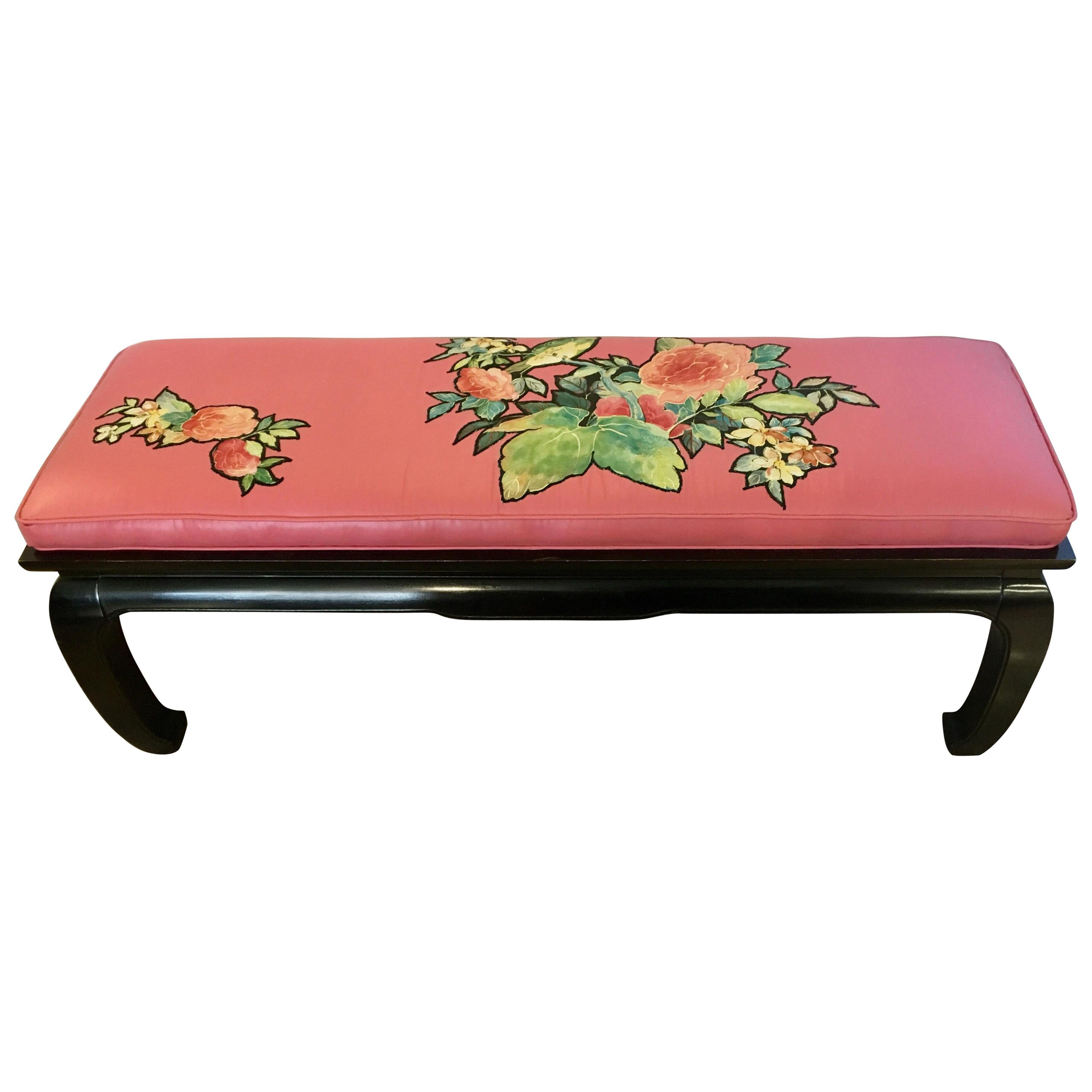 James Mont Style Asian Black Lacquered Bench with Silk Appliqué 