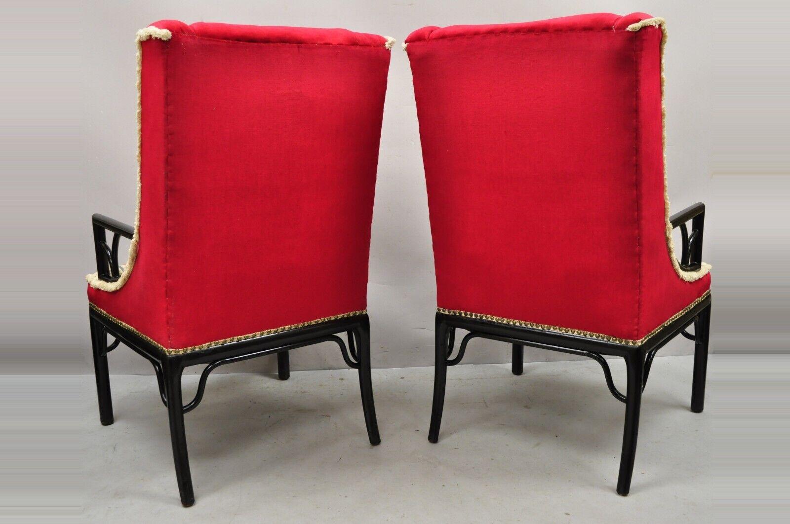 Paire de fauteuils de salon noirs de style James Mont en chinoiserie ajourée en rouge en vente 4