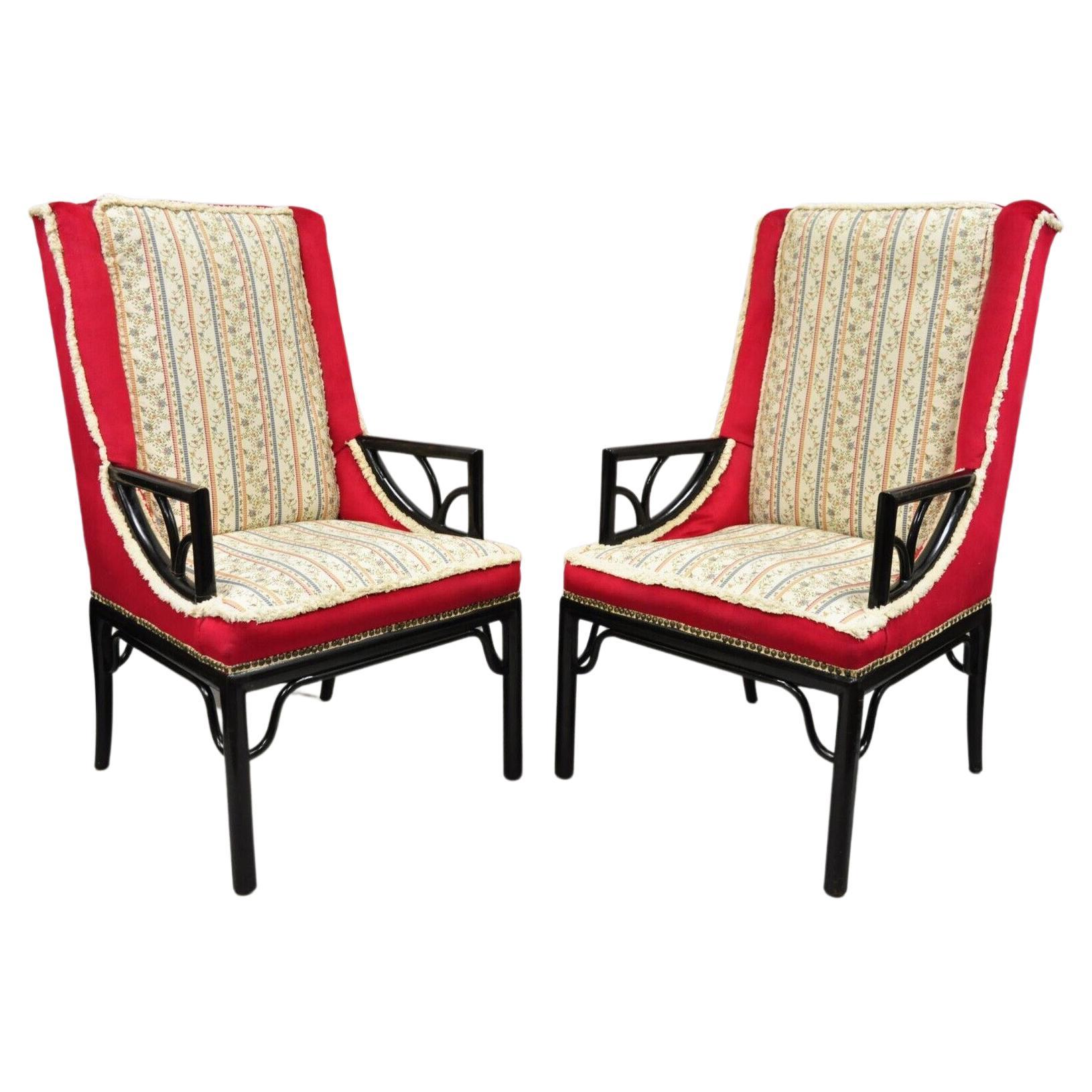 James Mont Style Black Chinese Chinoiserie Fretwork Red Lounge Chairs - a Pair