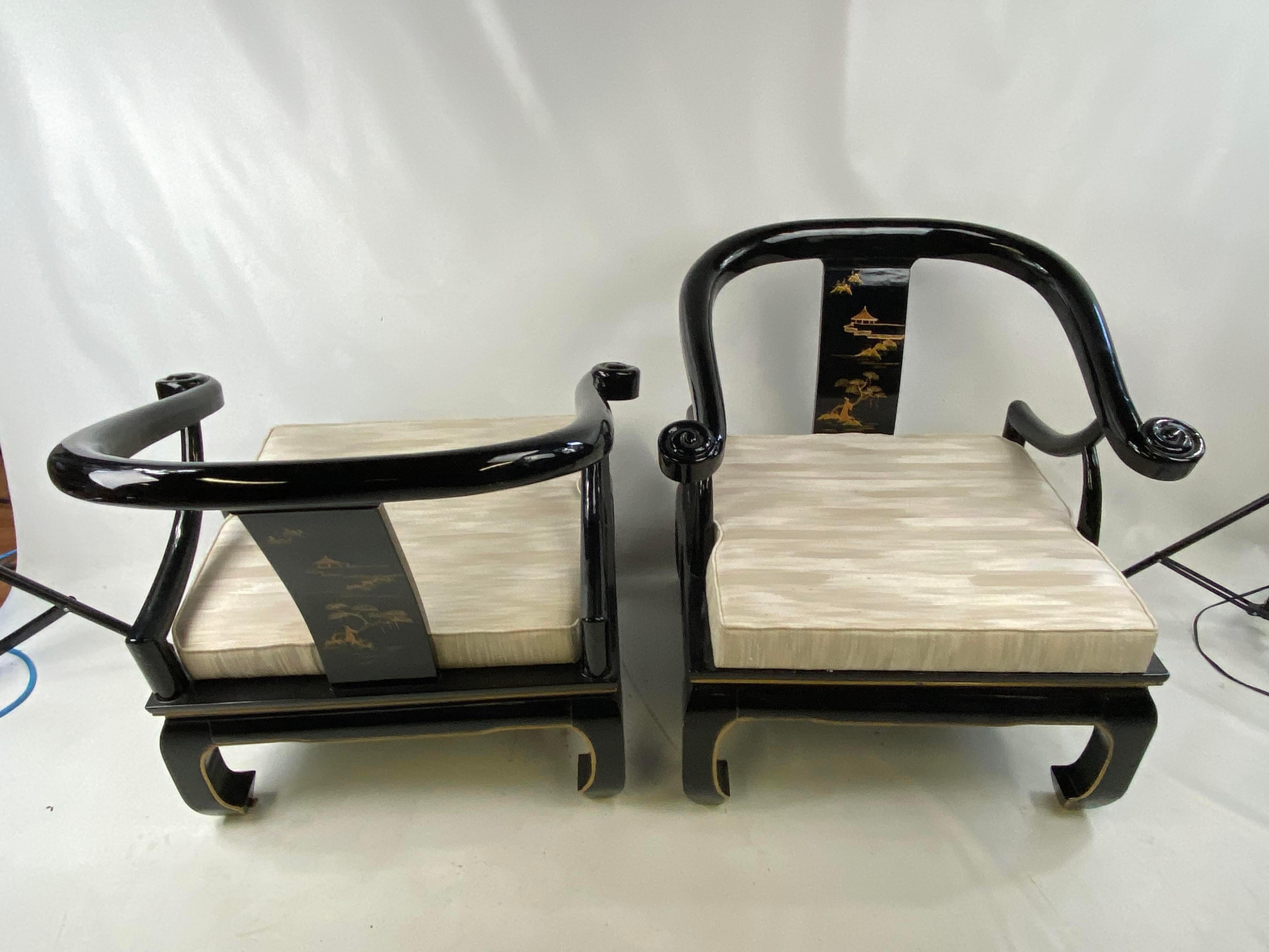 Mid-Century Modern James Mont Style Black Lacquer Asian Modern Chinoiserie Ming Chairs, a Pair