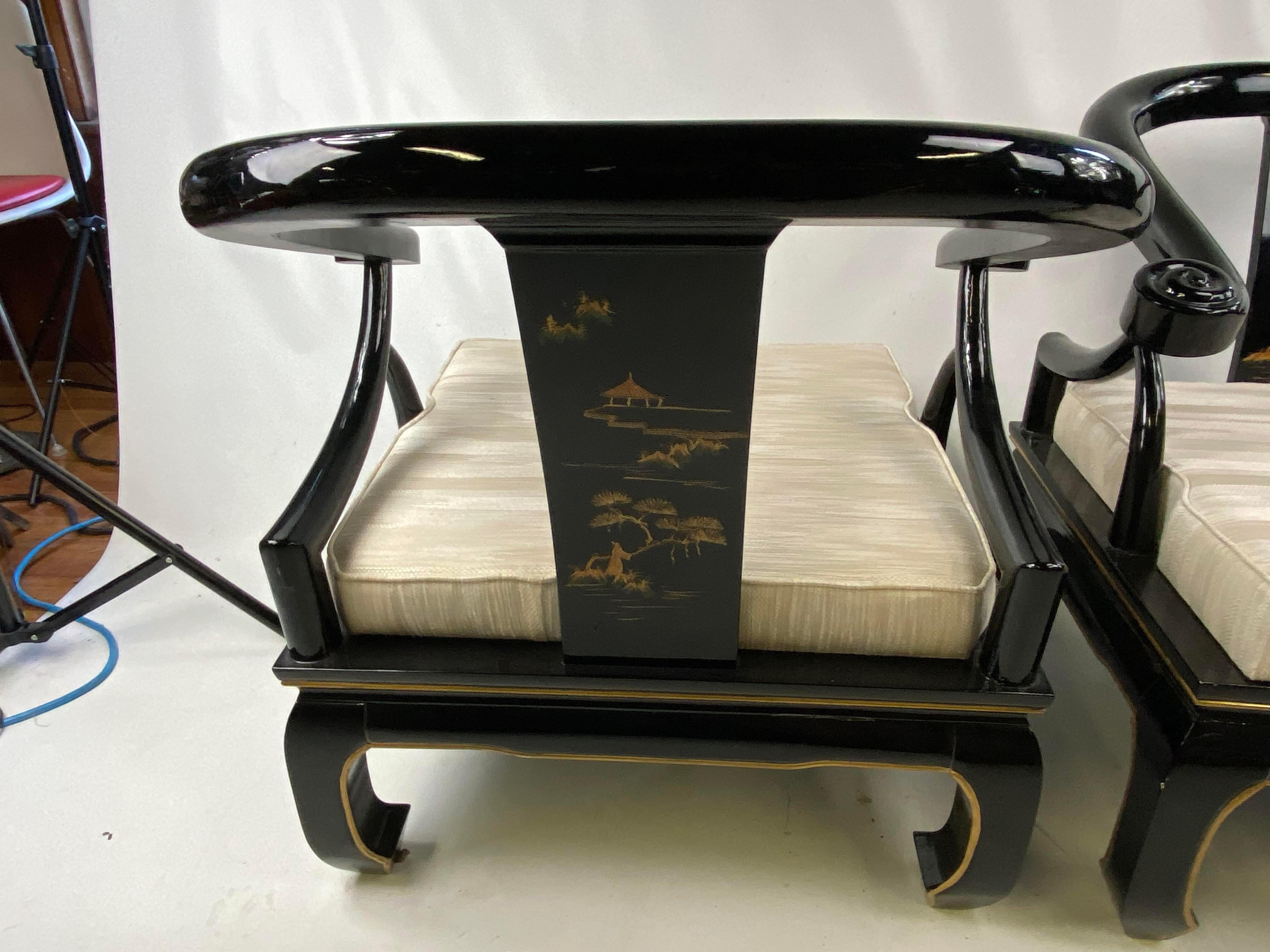 Unknown James Mont Style Black Lacquer Asian Modern Chinoiserie Ming Chairs, a Pair