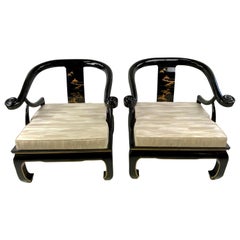 James Mont Style Black Lacquer Asian Modern Chinoiserie Ming Chairs, a Pair