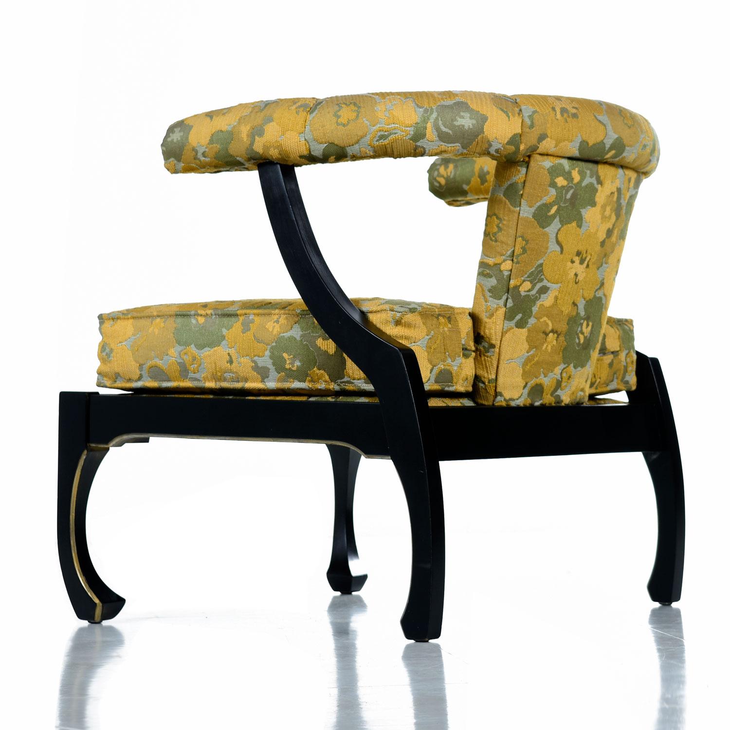 American James Mont Style Black Lacquer Gilt Asian Modern Chinoiserie Armchairs by Harris