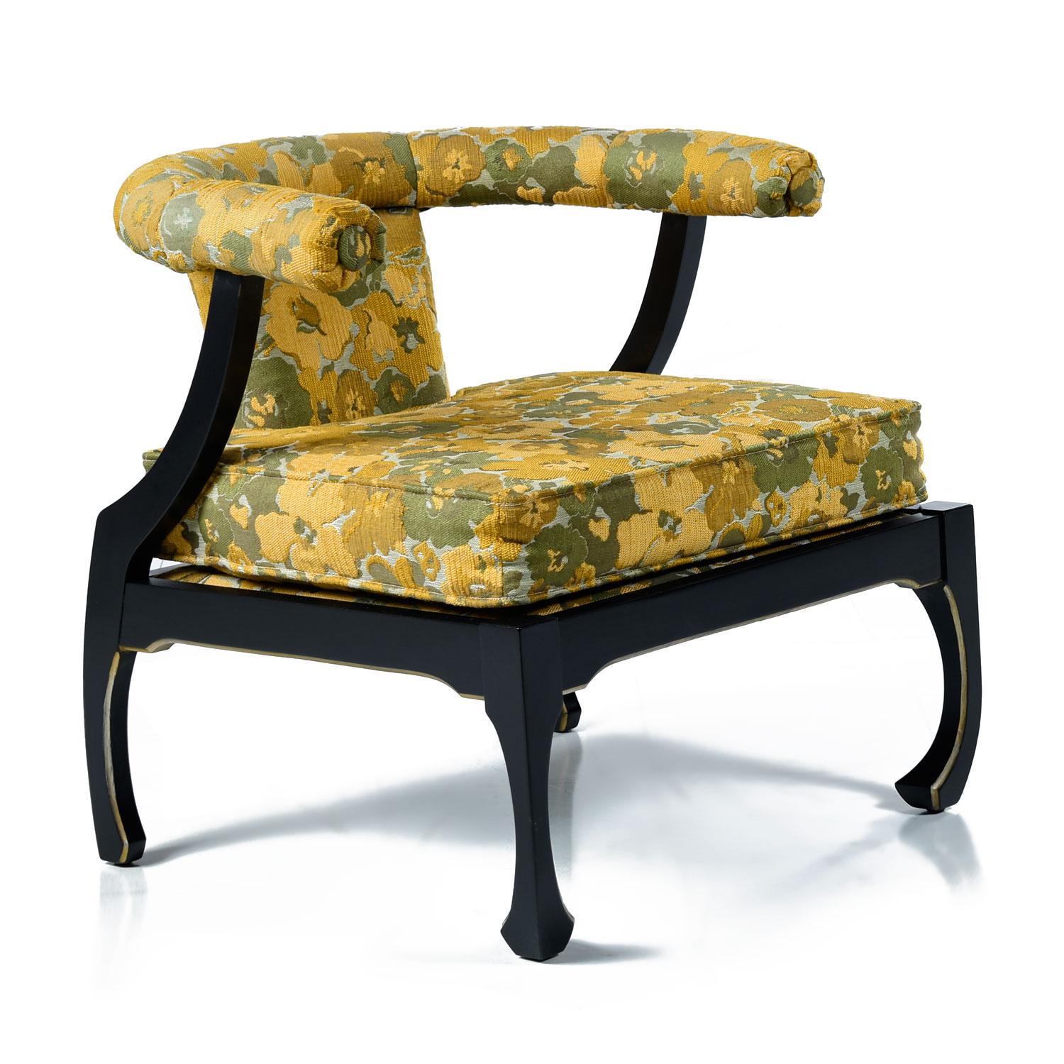 Blackened James Mont Style Black Lacquer Gilt Asian Modern Chinoiserie Armchairs by Harris