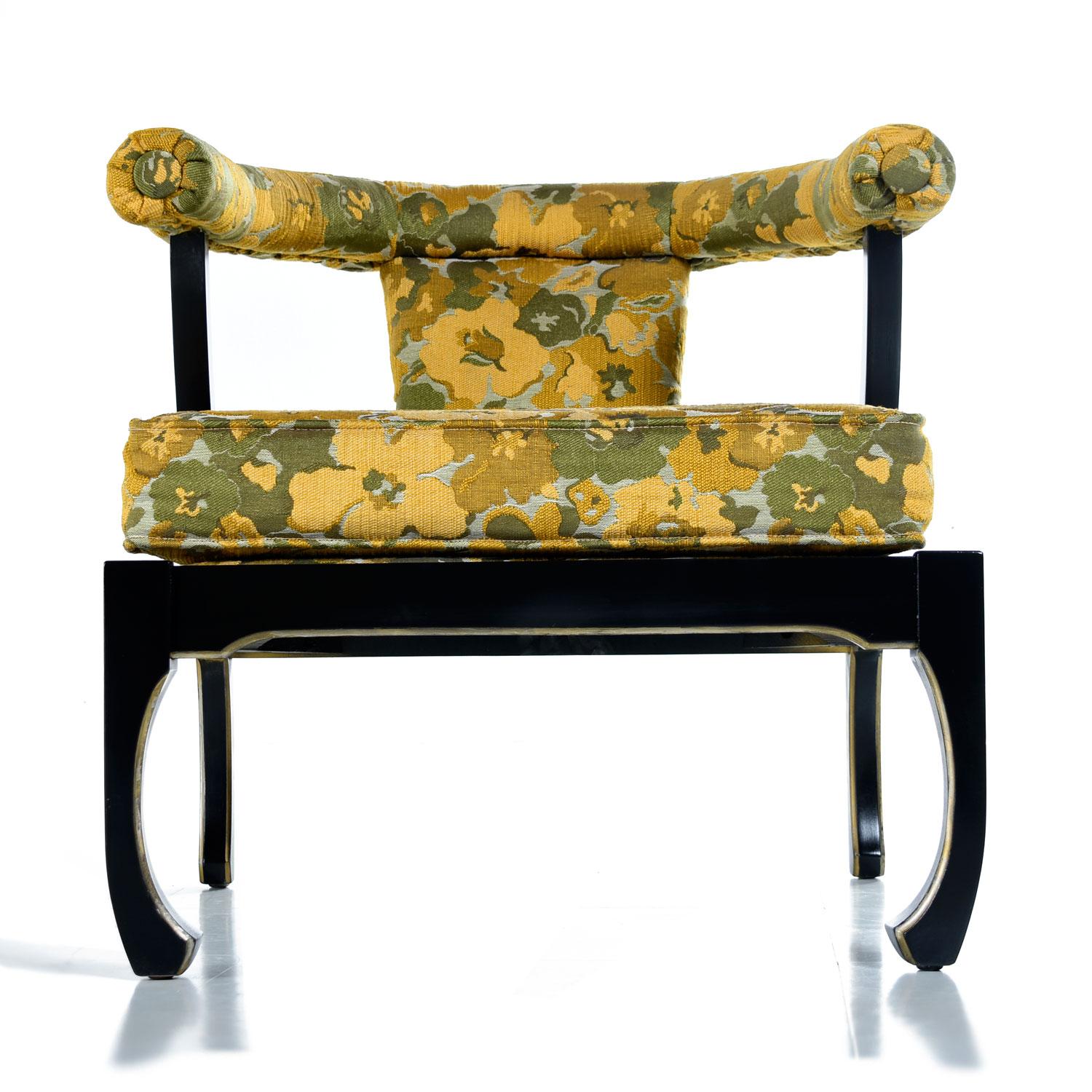 James Mont Style Black Lacquer Gilt Asian Modern Chinoiserie Armchairs by Harris In Good Condition In Chattanooga, TN