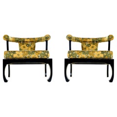 James Mont Style Black Lacquer Gilt Asian Modern Chinoiserie Armchairs by Harris