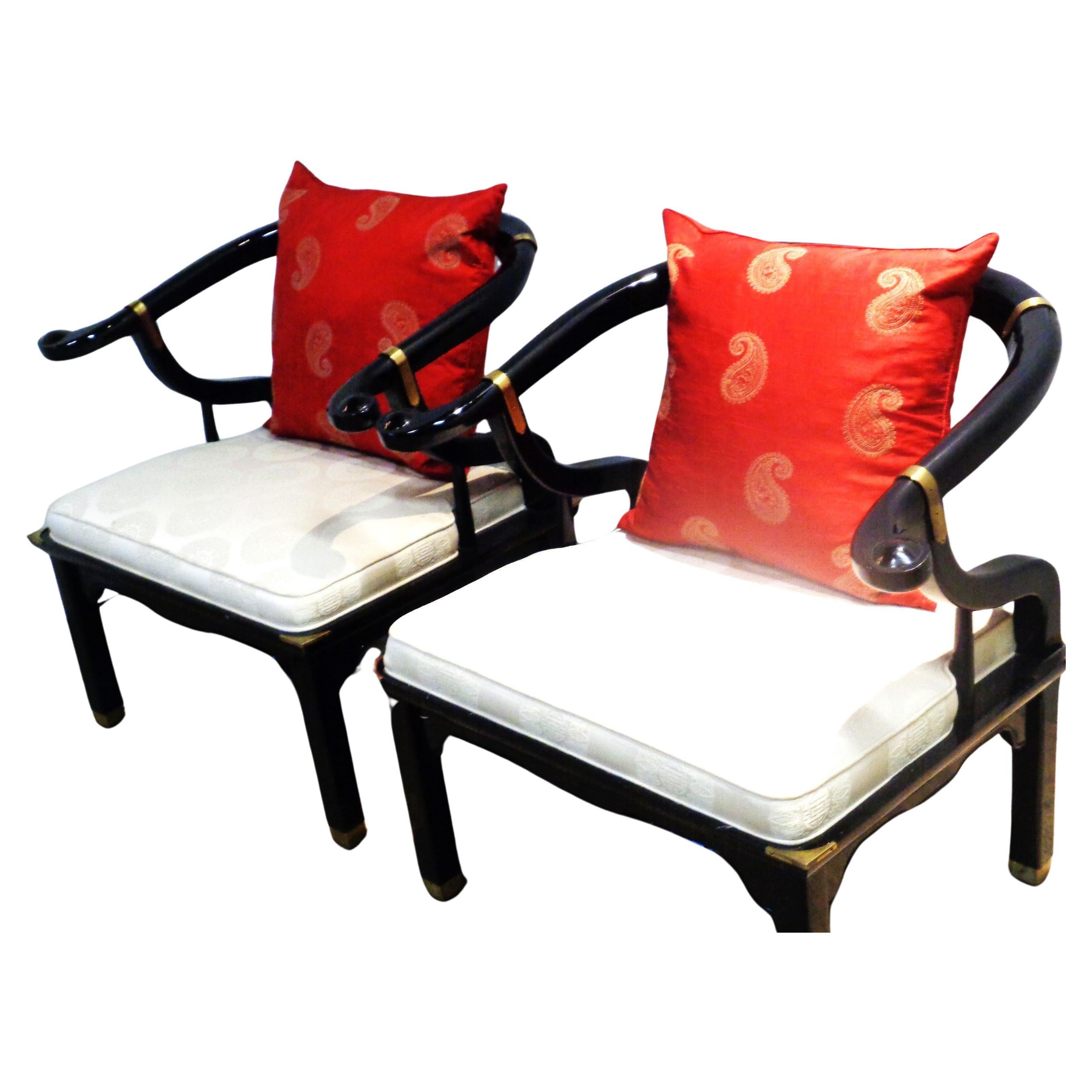  Black Lacquered and Brass Horseshoe Back Lounge Chairs Style of James Mont For Sale 3