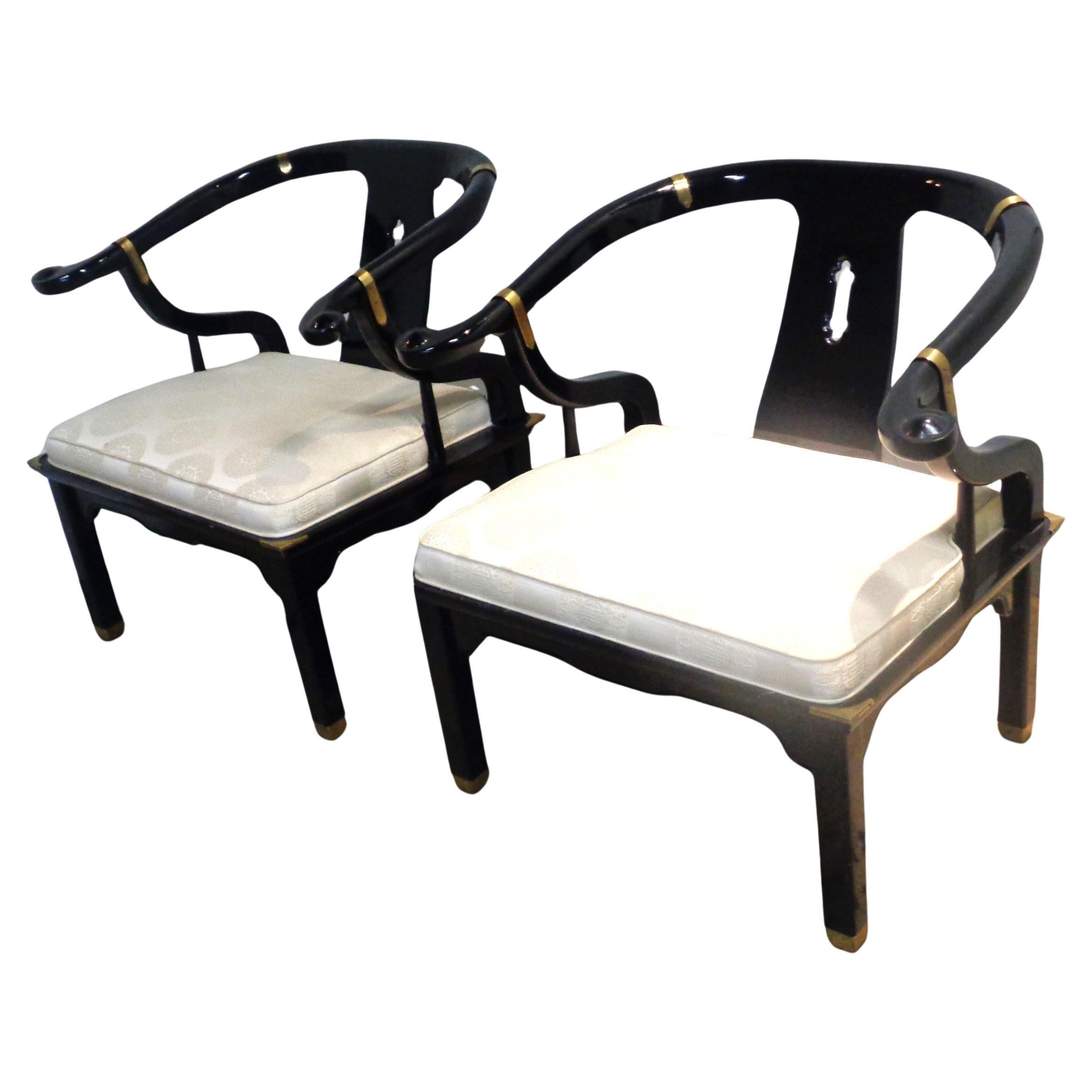 Woodwork  Black Lacquered and Brass Horseshoe Back Lounge Chairs Style of James Mont For Sale