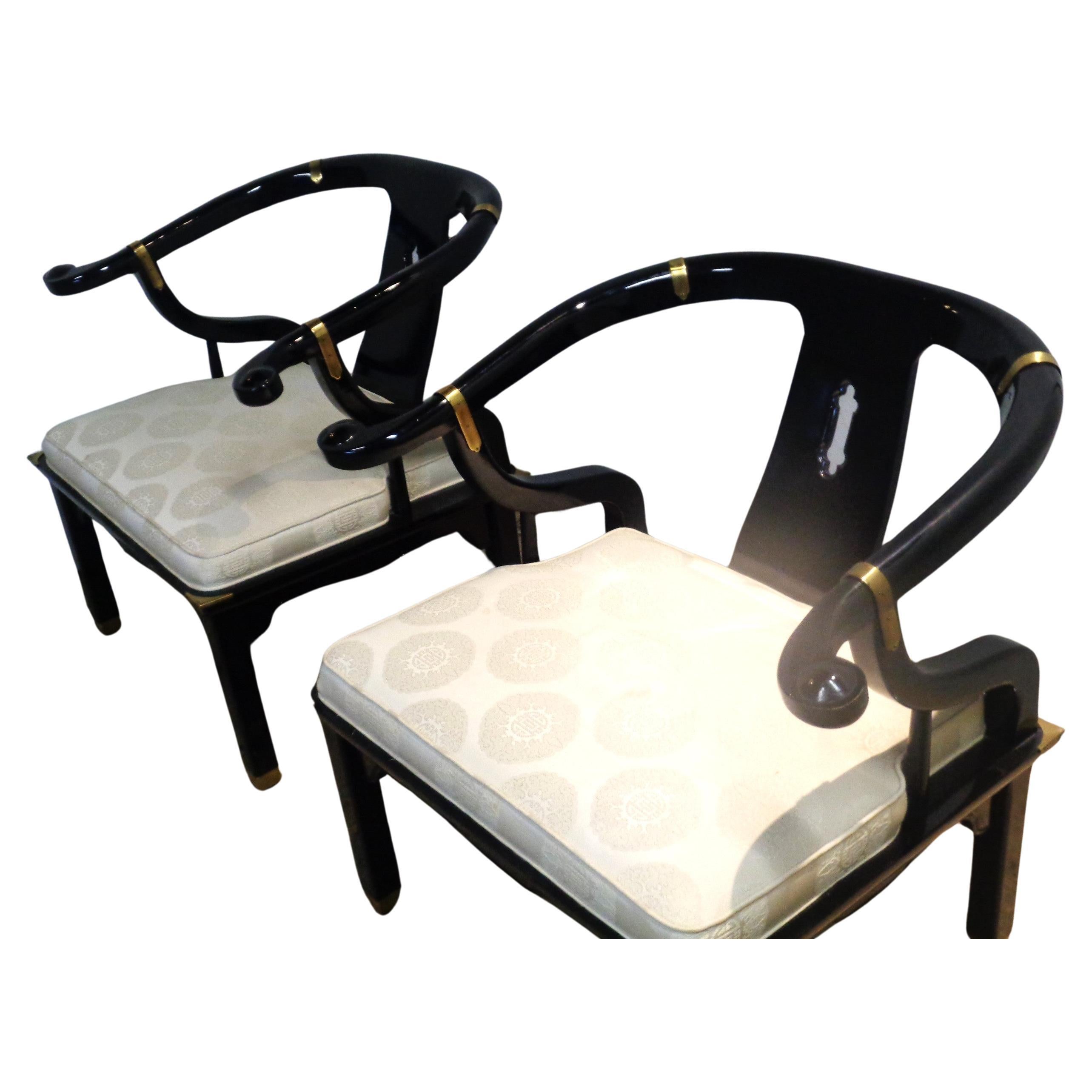  Black Lacquered and Brass Horseshoe Back Lounge Chairs Style of James Mont For Sale 2