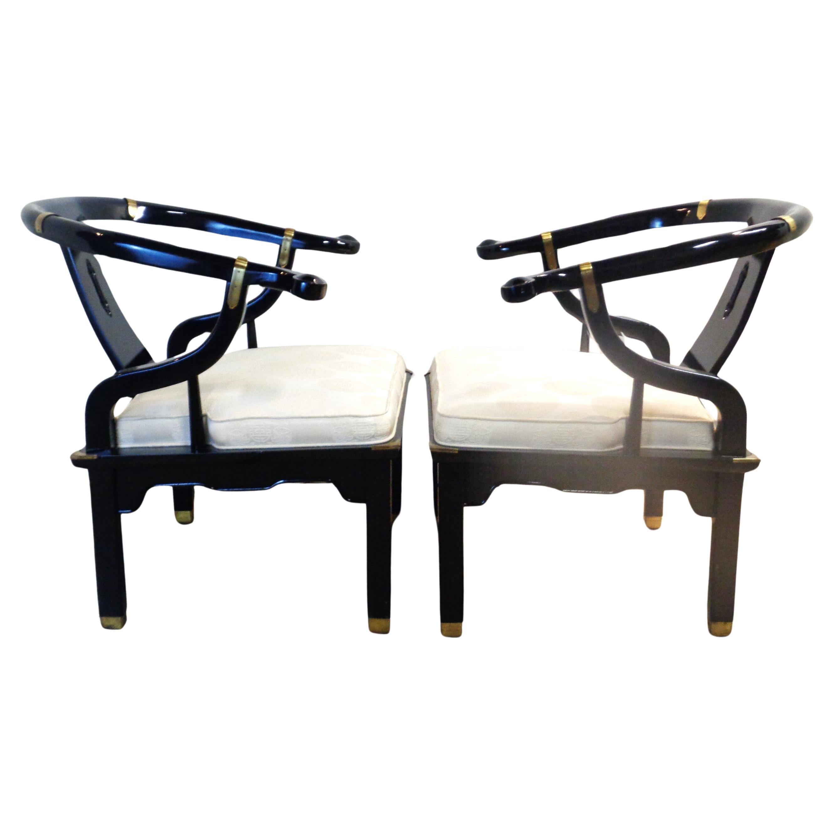  Black Lacquered and Brass Horseshoe Back Lounge Chairs Style of James Mont In Good Condition For Sale In Rochester, NY