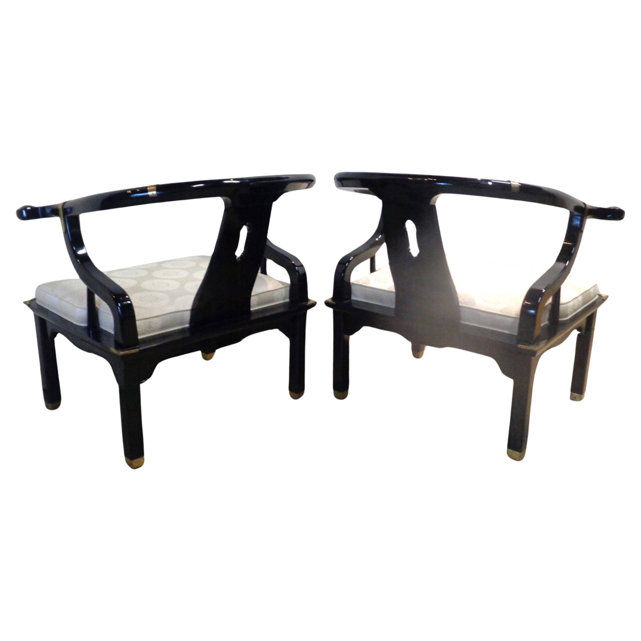 Brass Asian Modern Black Lacquered Horseshoe Back Lounge Chairs Style James Mont For Sale