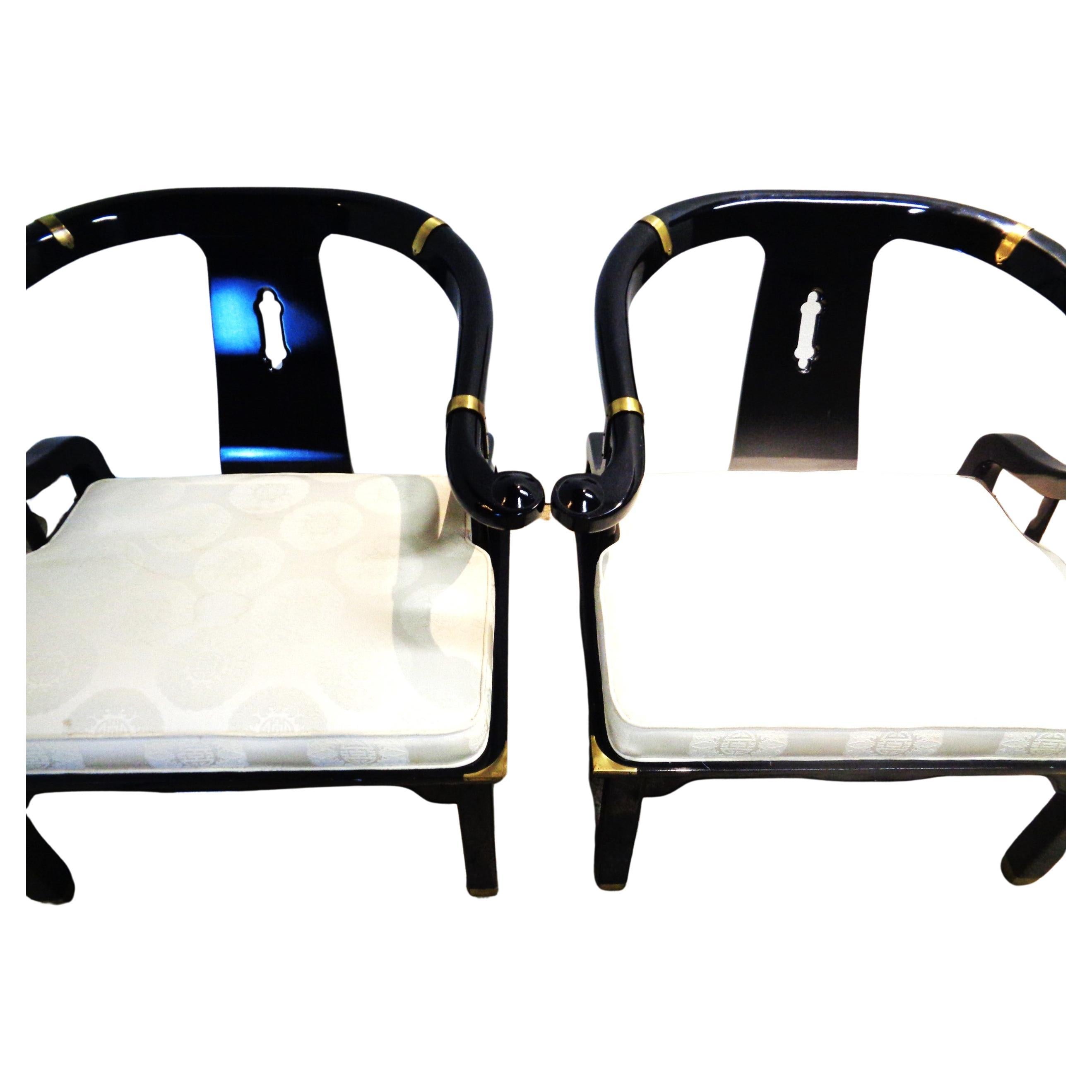 American  Black Lacquered and Brass Horseshoe Back Lounge Chairs Style of James Mont For Sale