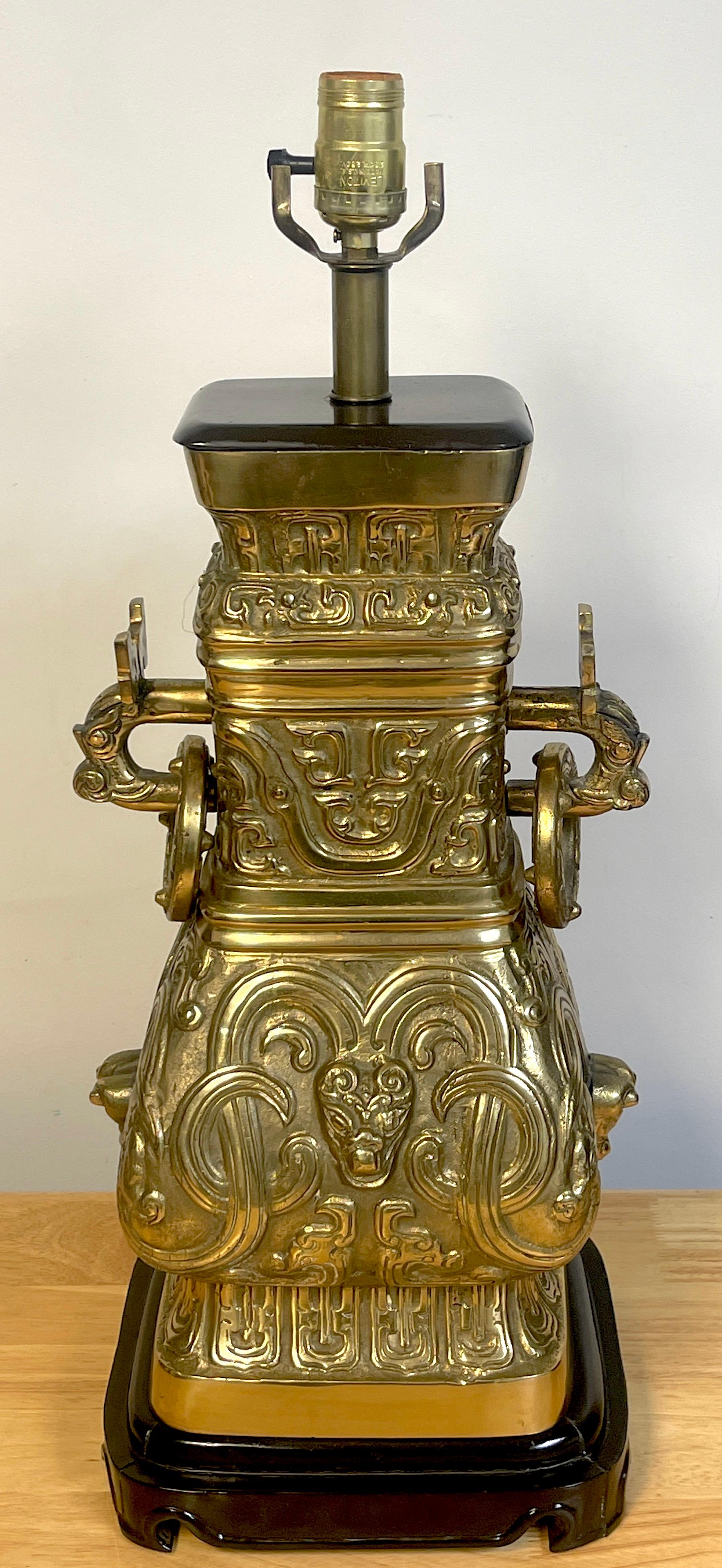 Mid-Century Modern James Mont Style Brass Chinese Wine Vessel 'Hu' Vase, Now as a Lamp For Sale