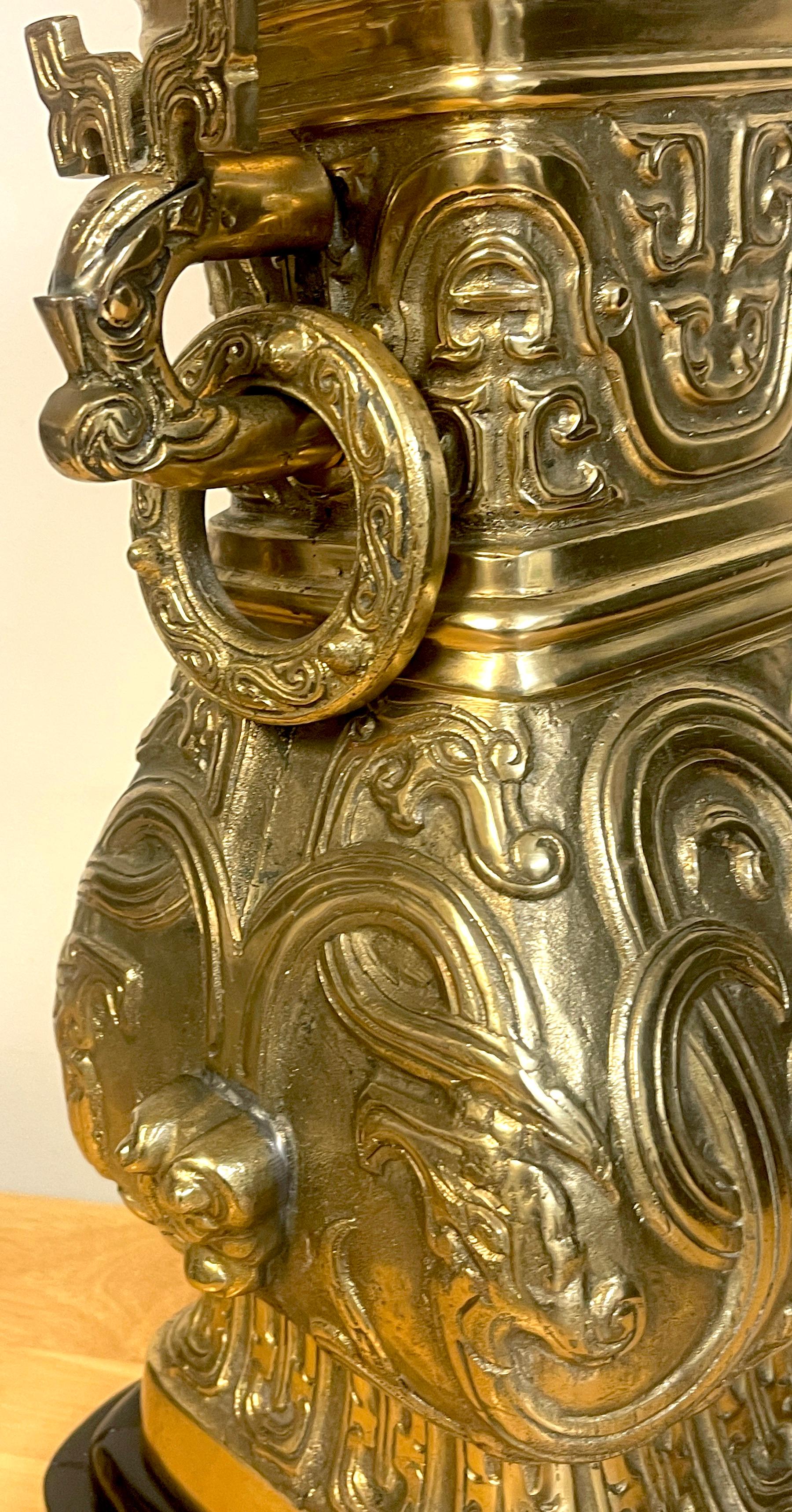 20th Century James Mont Style Brass Chinese Wine Vessel 'Hu' Vase, Now as a Lamp For Sale