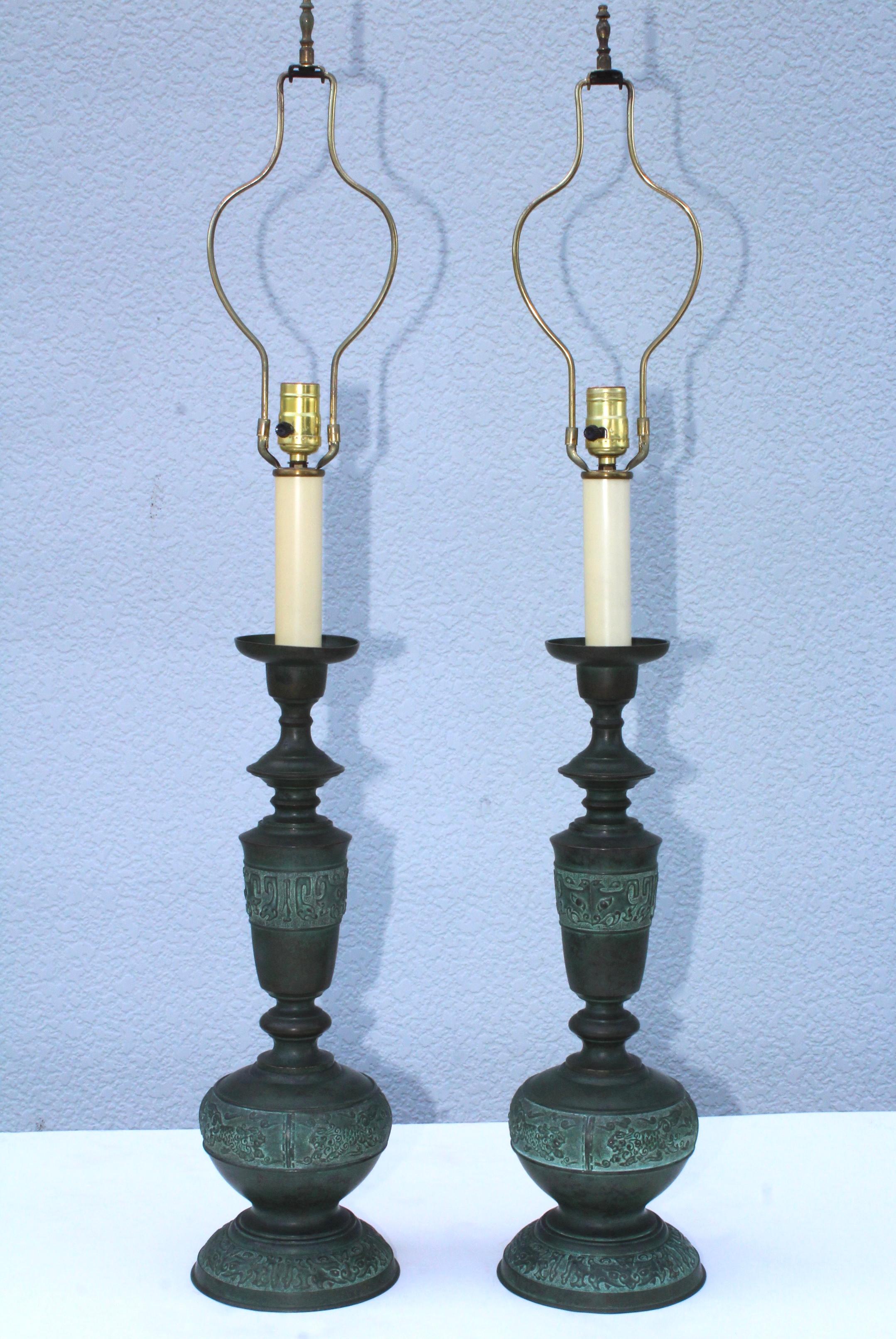 1950s James Mont style bronze Japanese table lamps.