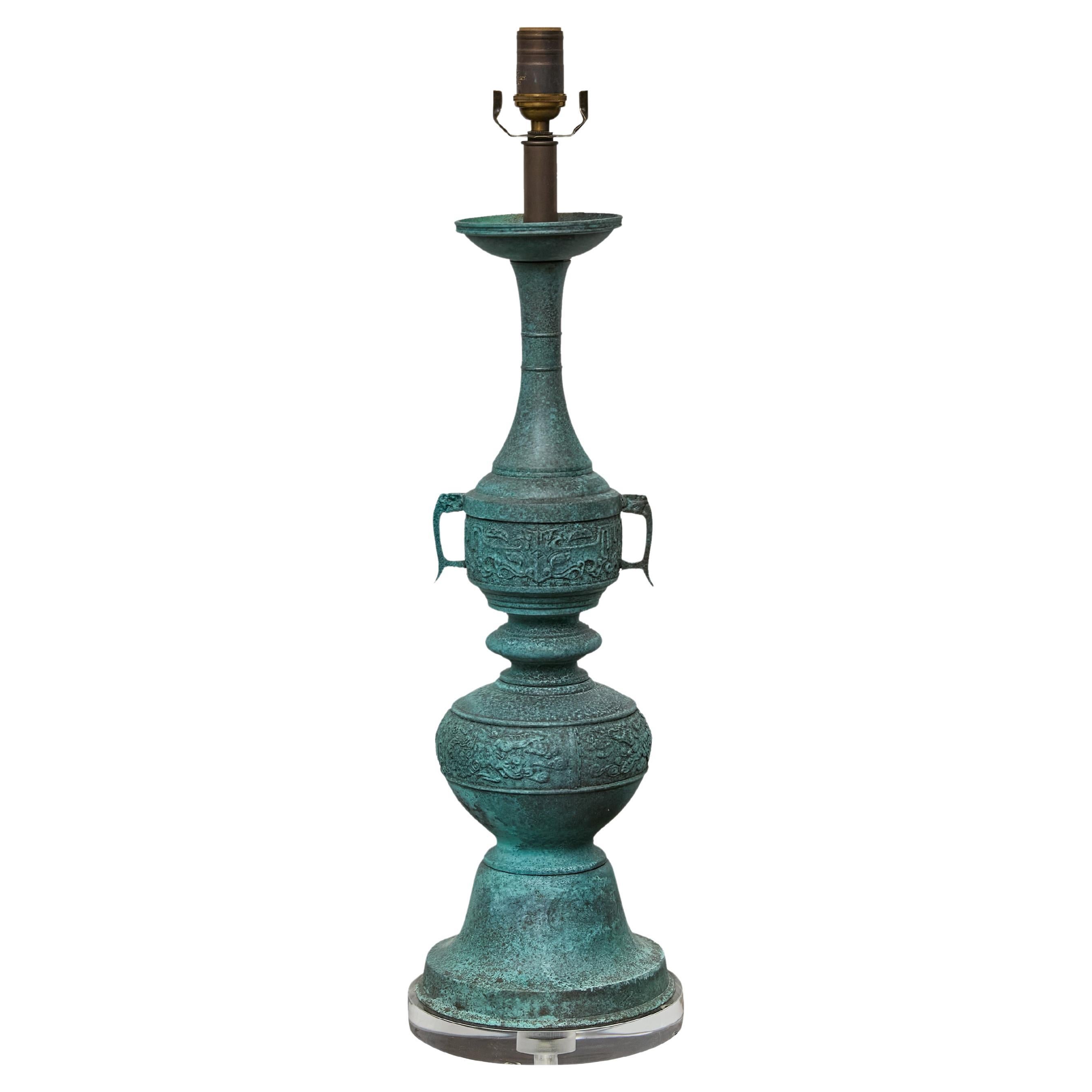 James Mont Style Bronze Table Lamp with Patinated Finish on Lucite Base