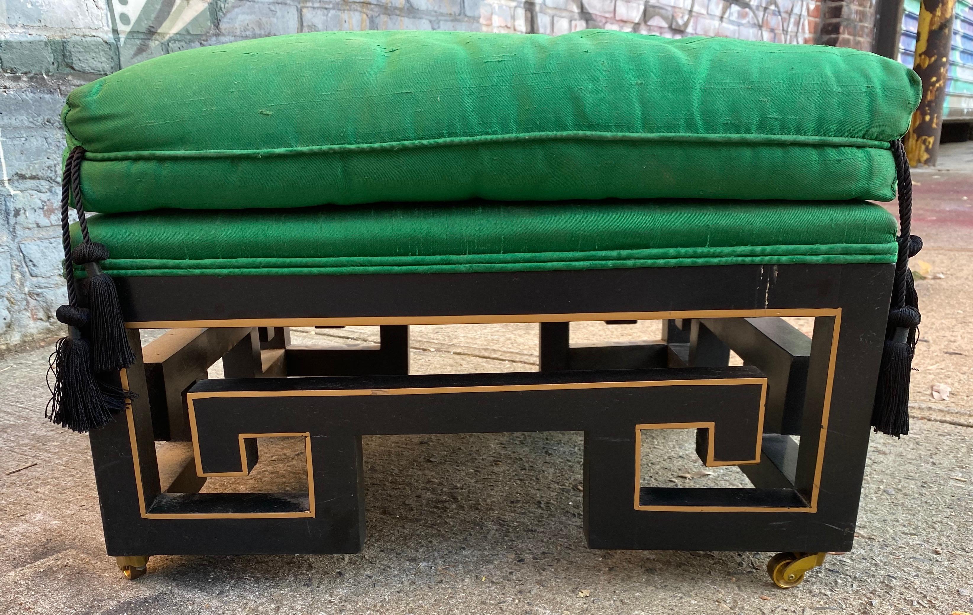 James Mont style Chinese Asian black green stool midcentury. Black lacquer Chinese inspired design with green silk cushions with tassels. Dated 1960 measures 21” x 21” x 15” H on brass casters.