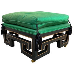 James Mont Style Chinese Asian Black Lacquer Green Silk Stool Midcentury Art