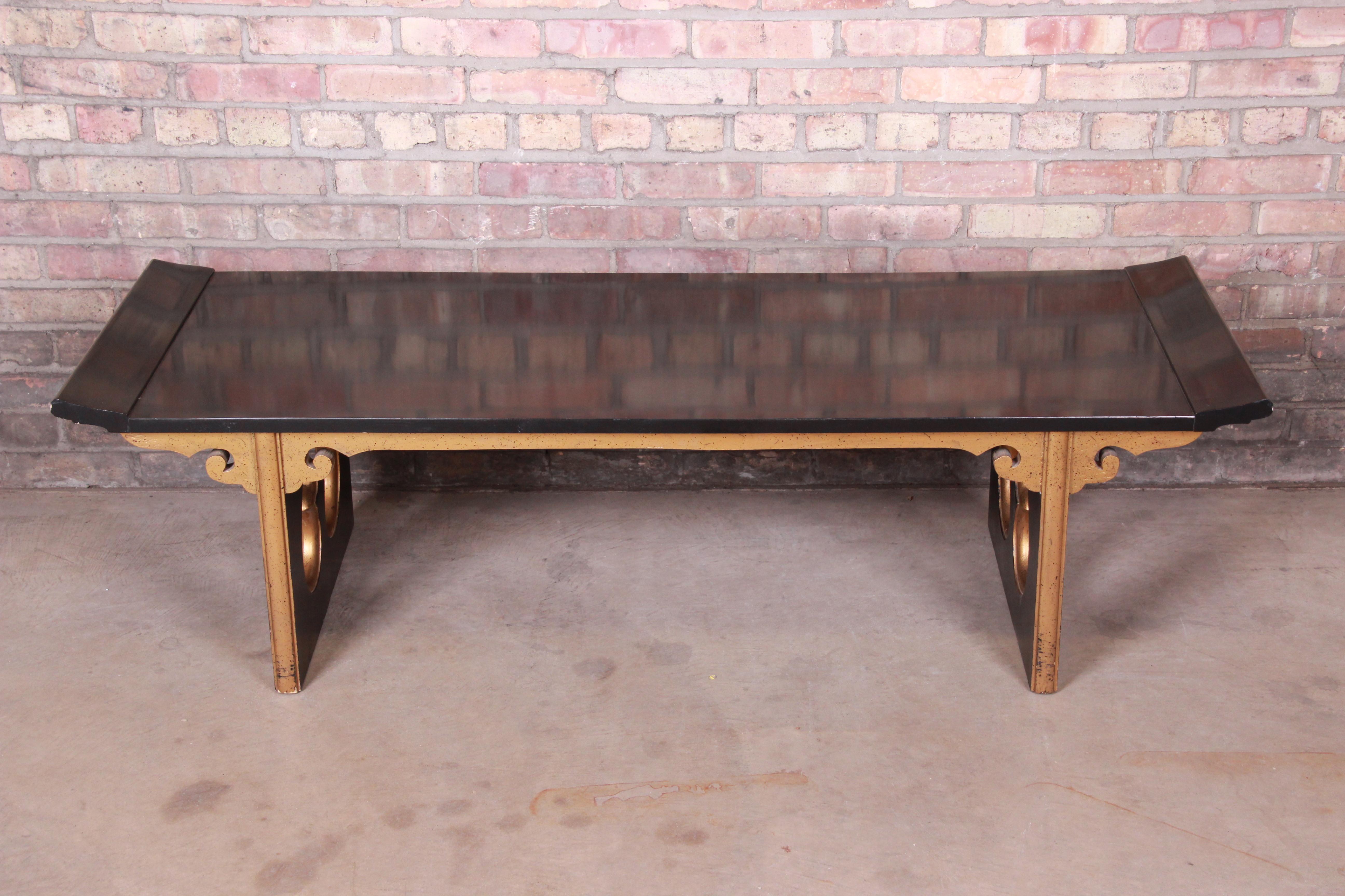 Mid-Century Modern James Mont Style Chinoiserie Black Lacquered and Gold Gilt Cocktail Table