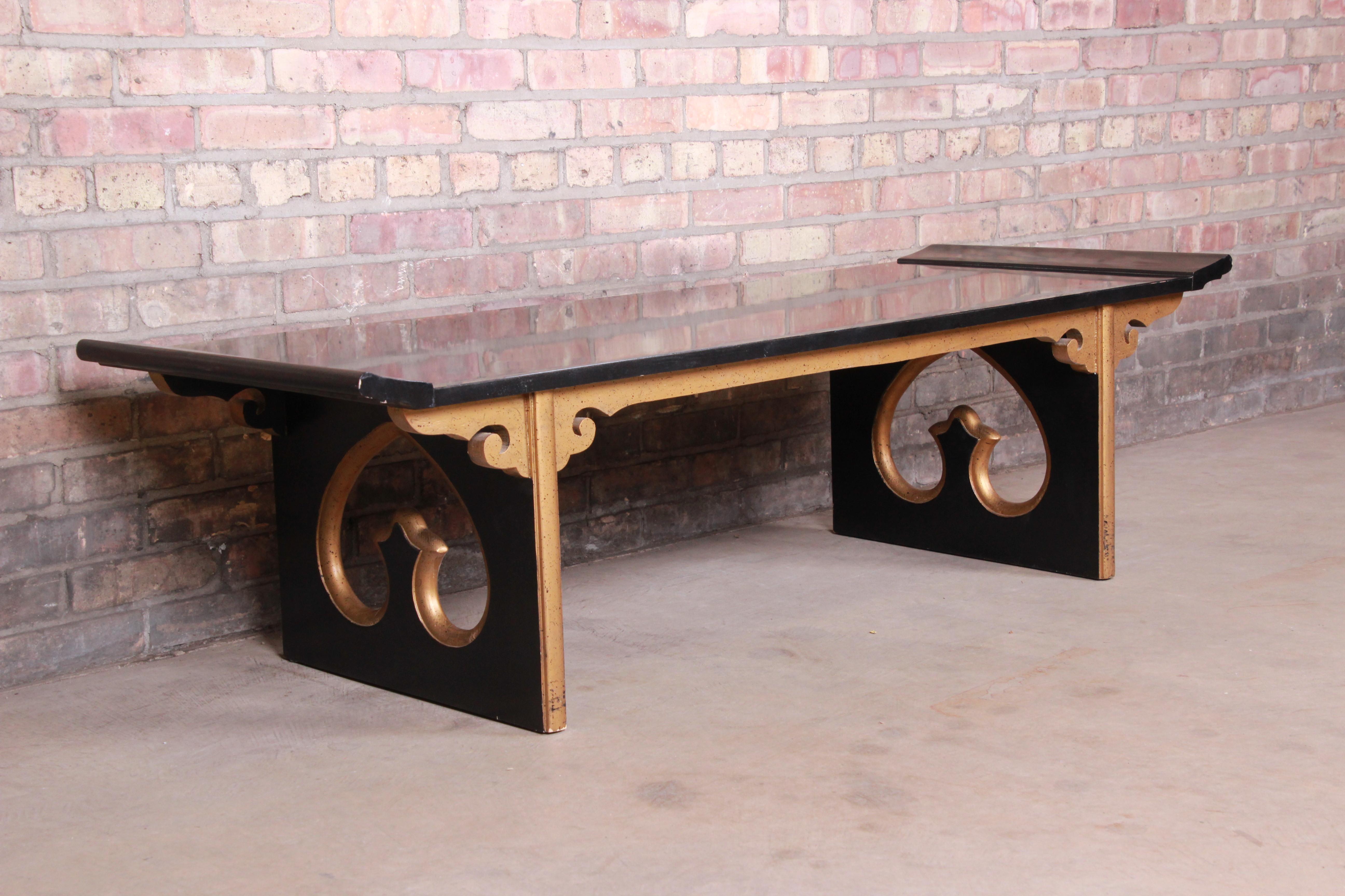 American James Mont Style Chinoiserie Black Lacquered and Gold Gilt Cocktail Table