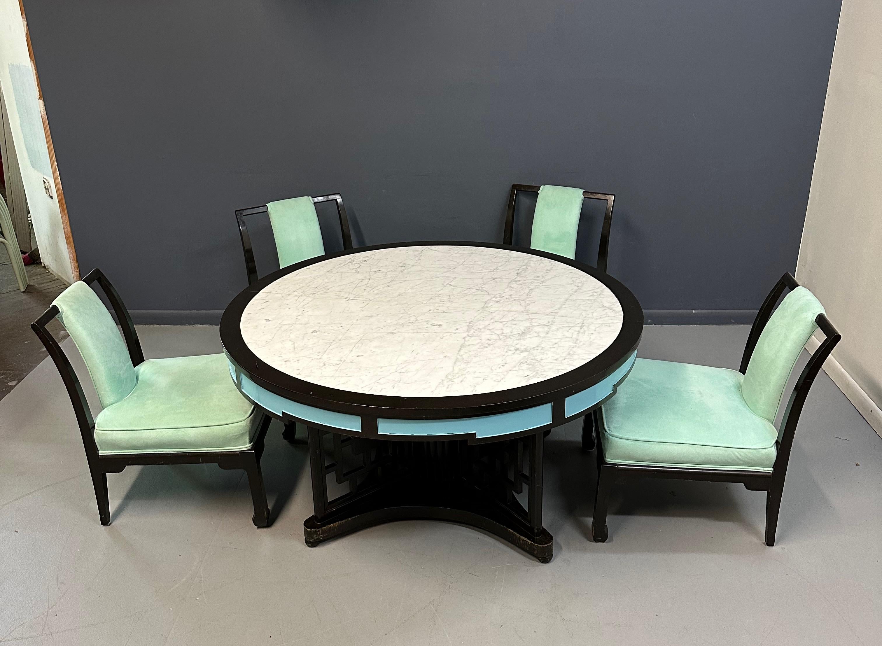 North American James Mont Style Chinoiserie Marble Top Low Dining Table and Chairs For Sale
