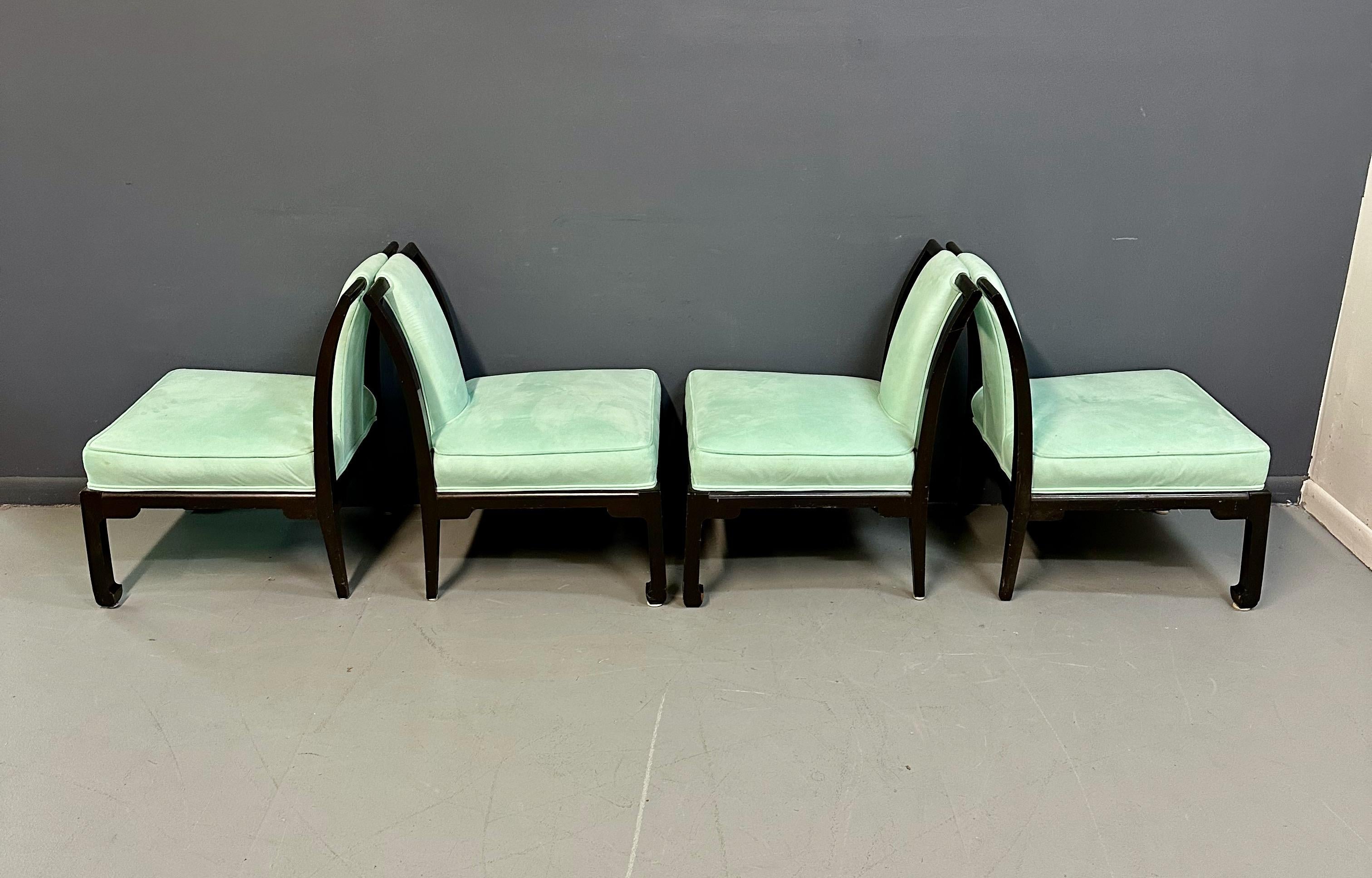 James Mont Stil Chinoiserie Marmorplatte niedriger Esstisch und Stühle (Mahagoni) im Angebot