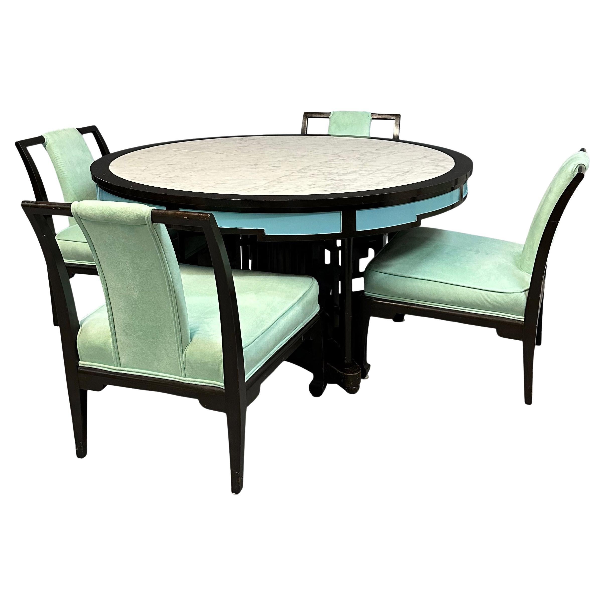 James Mont Style Chinoiserie Marble Top Low Dining Table and Chairs For Sale