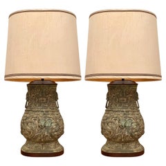 Vintage James Mont-Style Chinoiserie Sand Cast Bronze Pair of Ring Handled Lamps