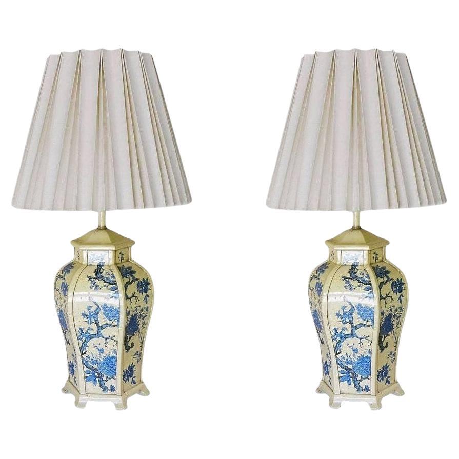 James Mont Style Enamel Asian Inspired Midcentury Lamp Pair For Sale