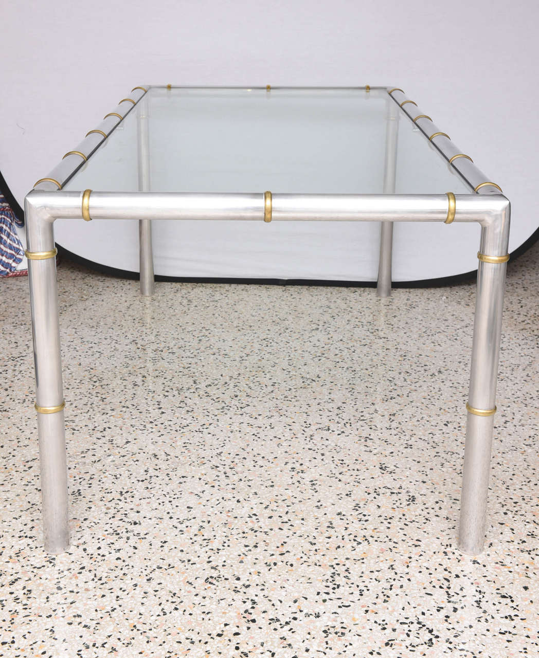 Hollywood Regency James Mont Style Faux Bamboo Dining Table in Aluminum and Brass For Sale