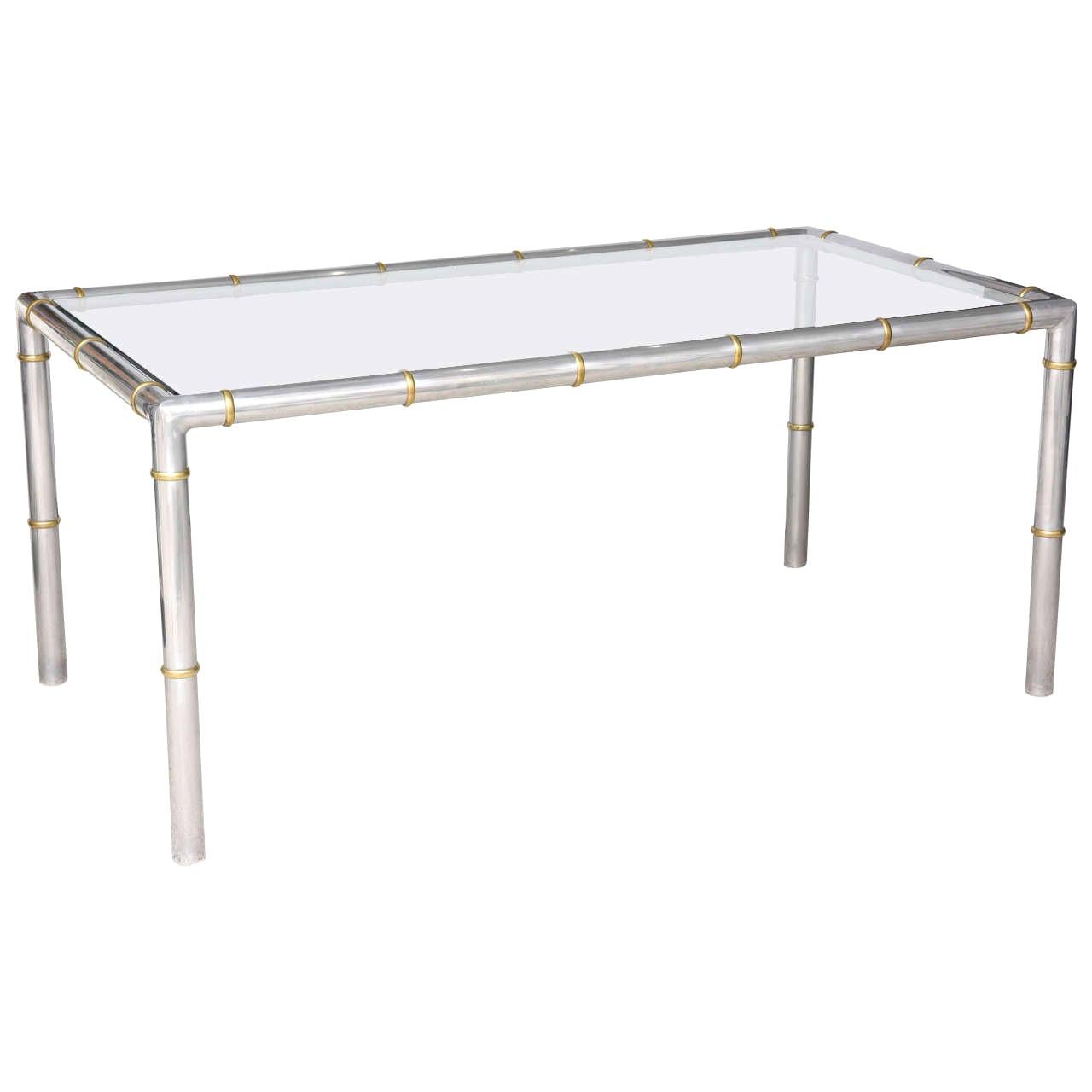 James Mont Style Faux Bamboo Dining Table in Aluminum and Brass