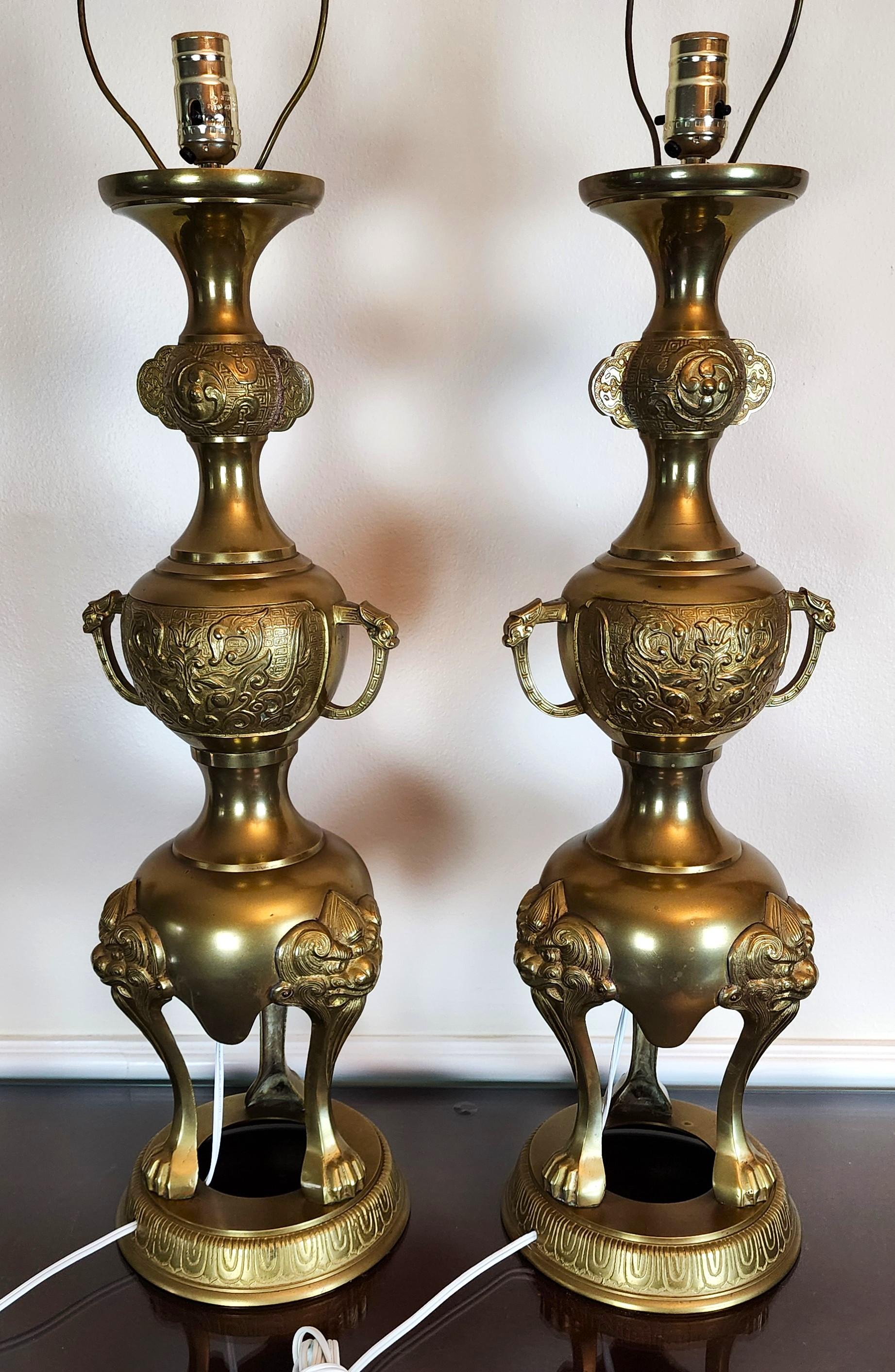 James Mont Style Foo Dog Chinoiserie Brass Lamps Vintage Pair 6