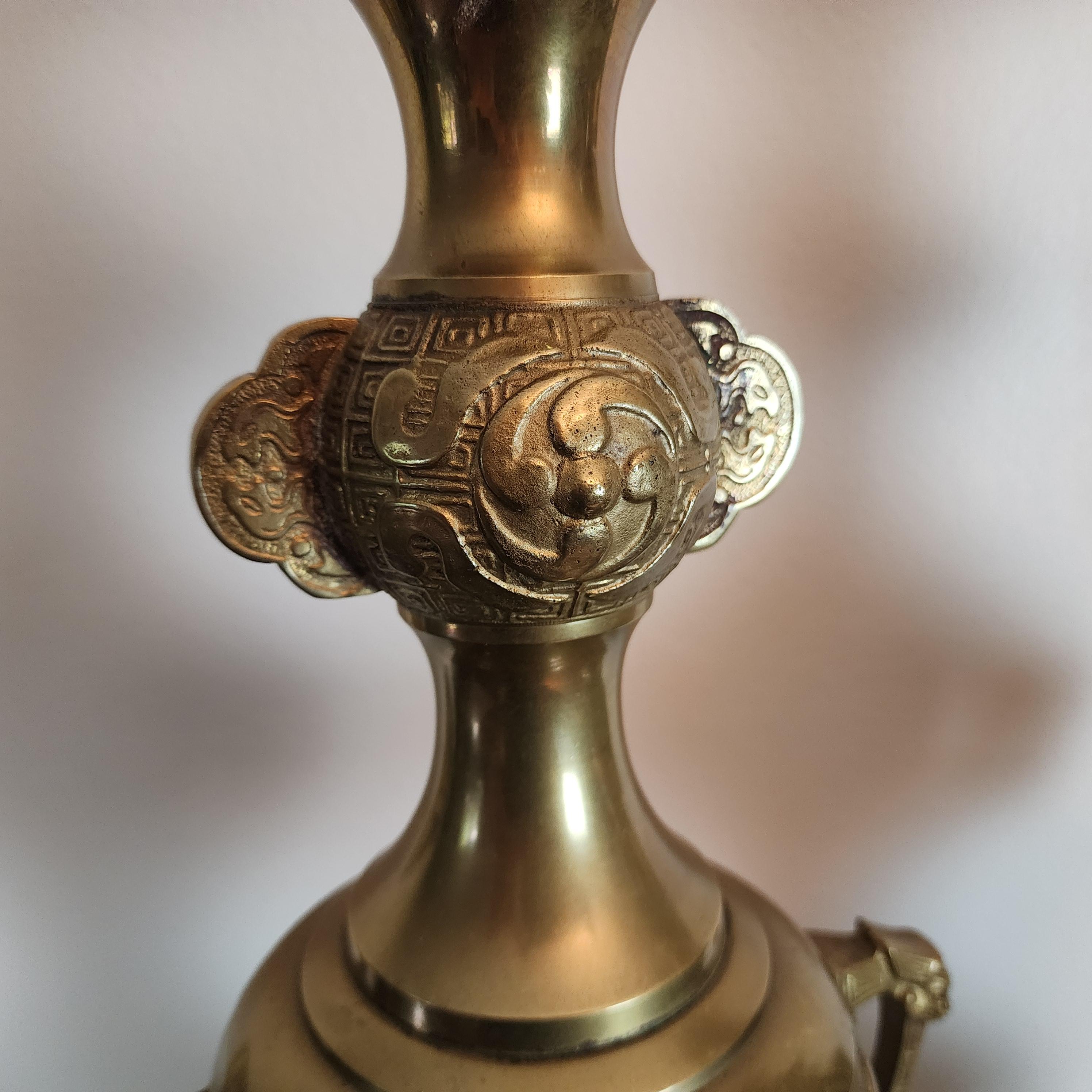 James Mont Style Foo Dog Chinoiserie Brass Lamps Vintage Pair 11