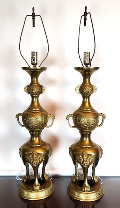 James Mont Style Foo Dog Chinoiserie Brass Lamps Vintage Pair