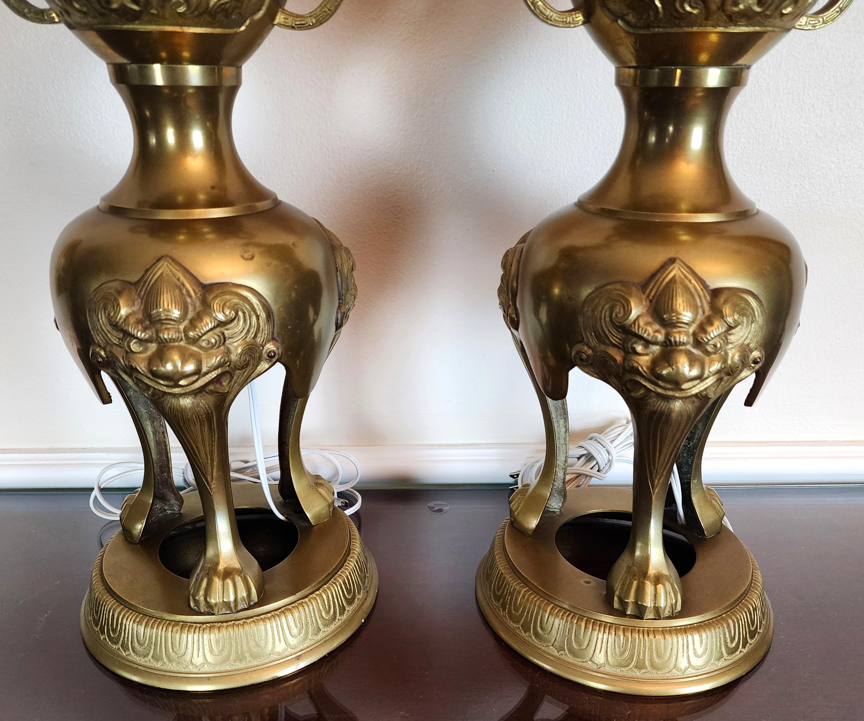 James Mont Style Foo Dog Chinoiserie Brass Lamps Vintage Pair 1