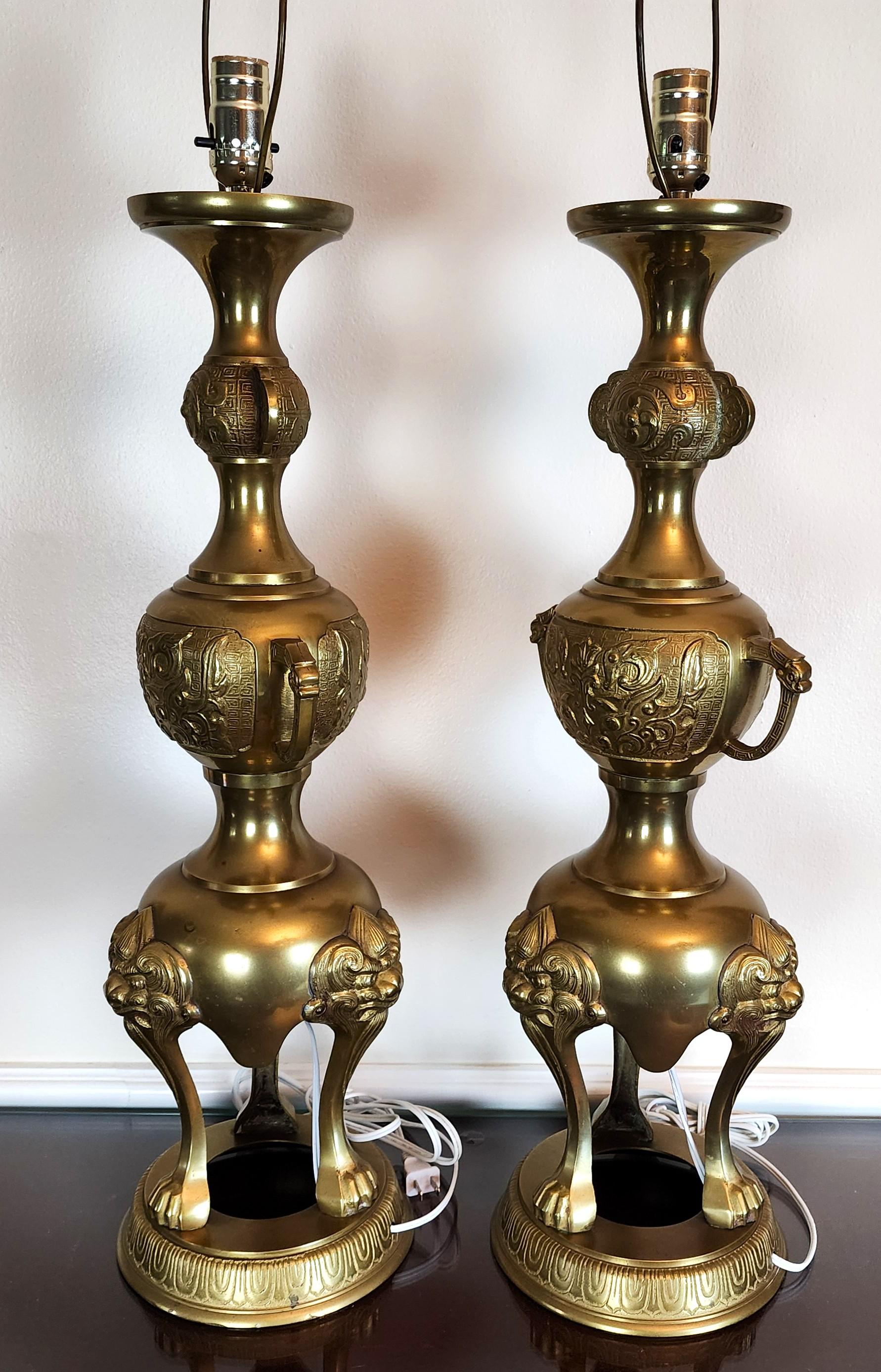 James Mont Style Foo Dog Chinoiserie Brass Lamps Vintage Pair 4